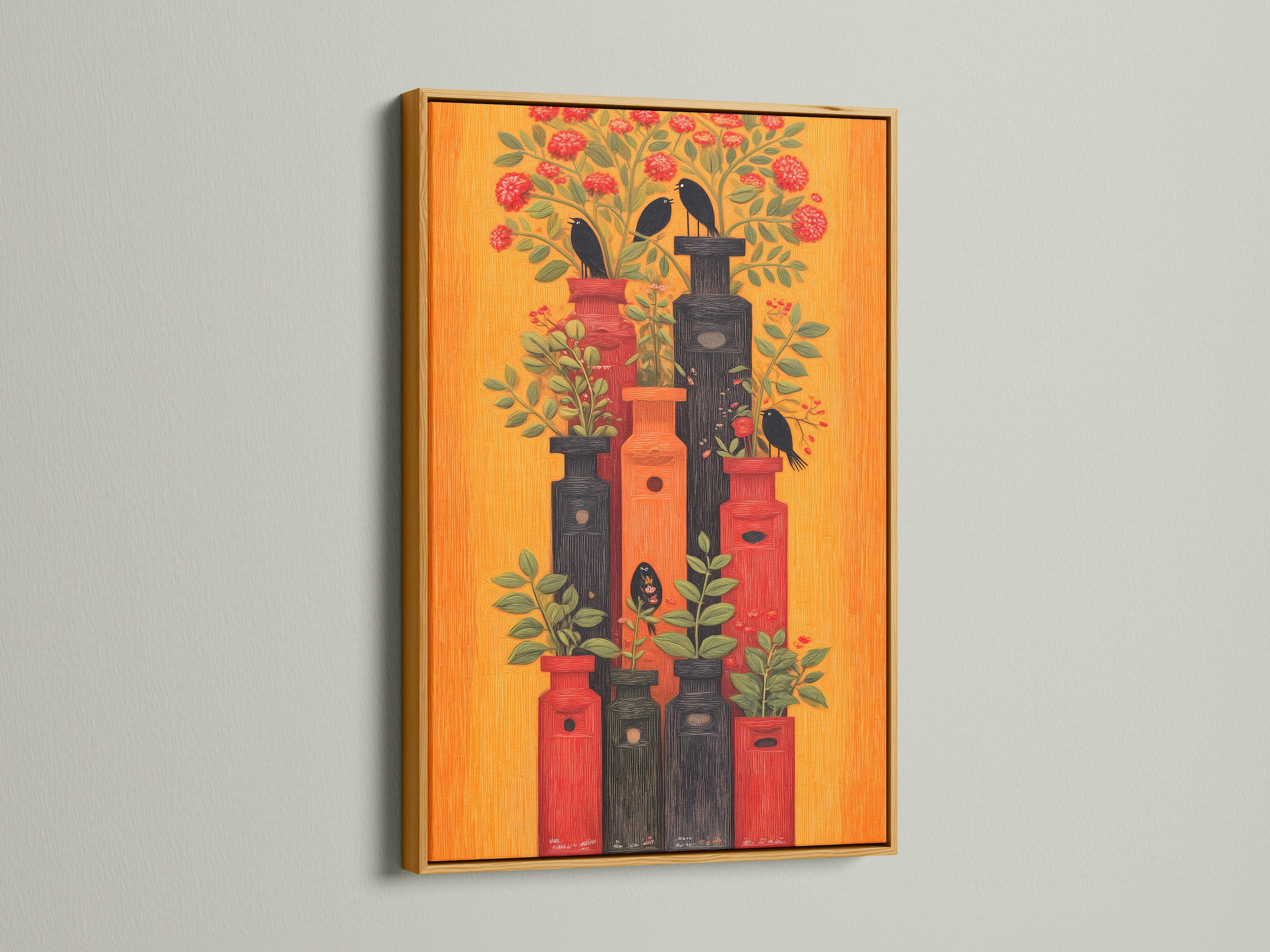 Botanical Birds Canvas Print in a gold frame. This retro floral wall art features an orange and red birdhouse artwork. This floral canvas art elevates any space. It is a unique wall art piece.