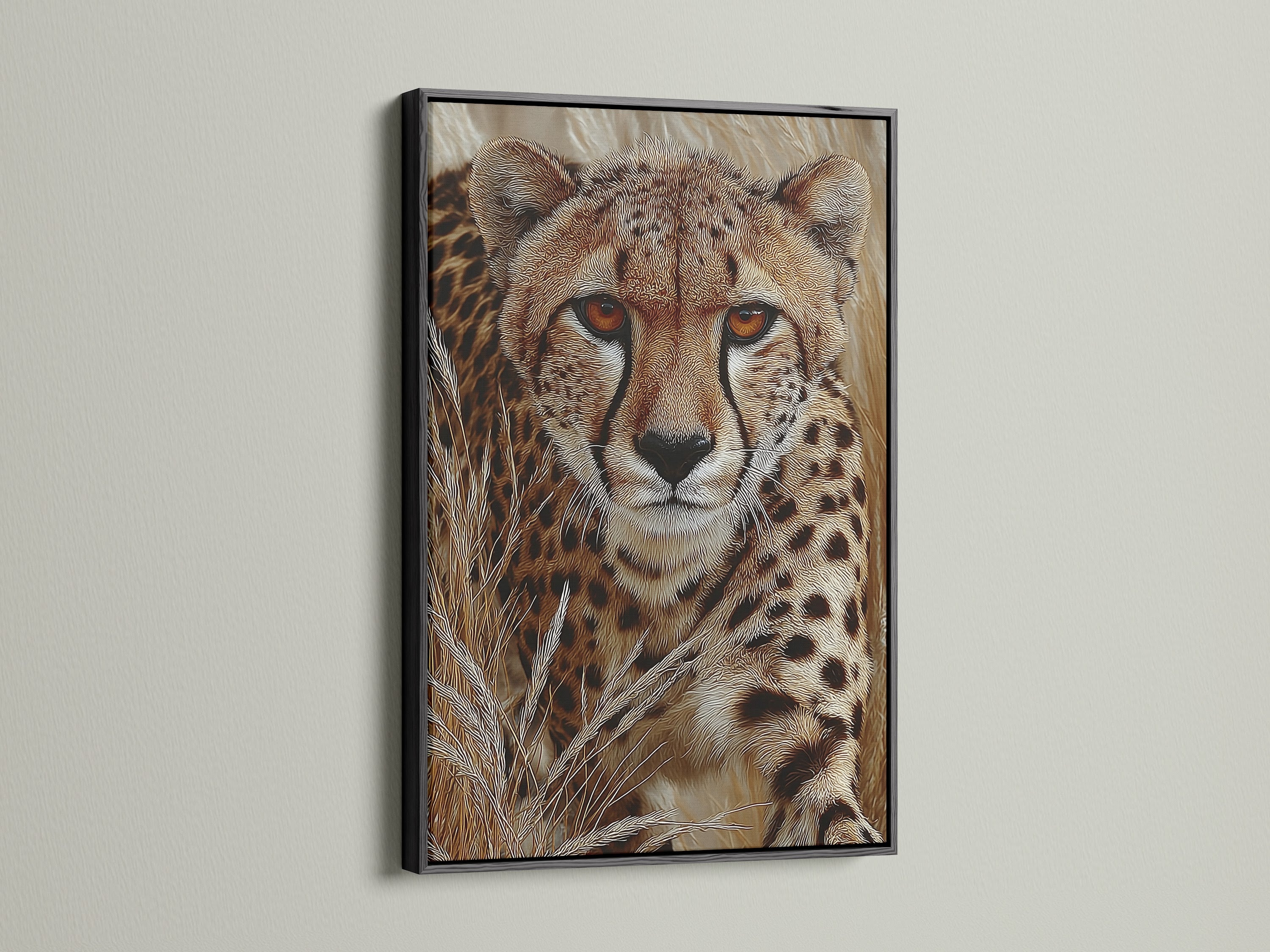 The cheetah portrait is presented in a sleek black frame. This enhances the modern feel of the animal portrait art. It is a sophisticated piece of safari wall decor. This cheetah canvas art brings a touch of the wild indoors.