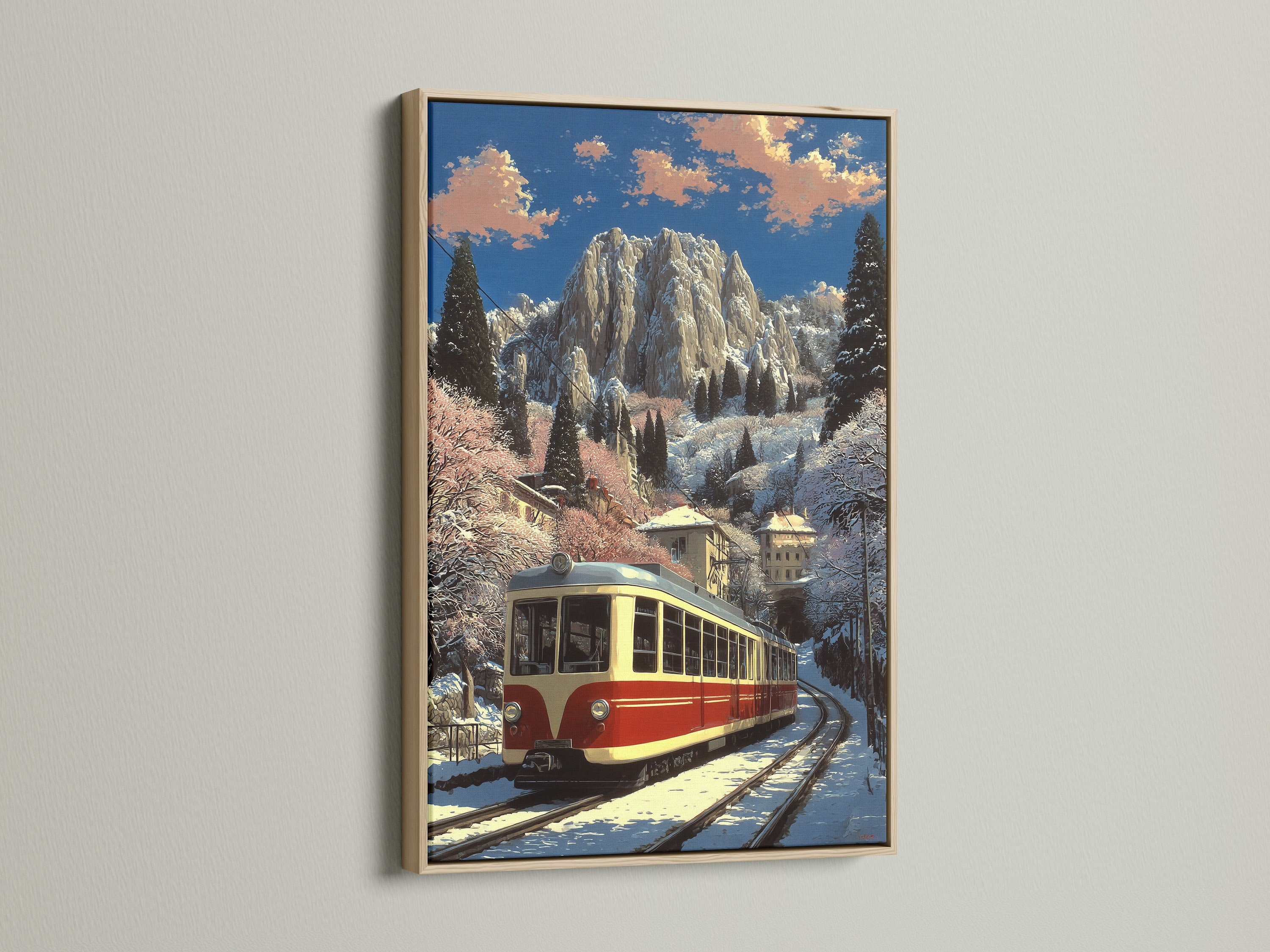 Vintage train artwork in an oak frame. The art features an alpine mountain railway scene in winter. This piece elevates any rustic or industrial space. Ideal for railway enthusiasts and art collectors.