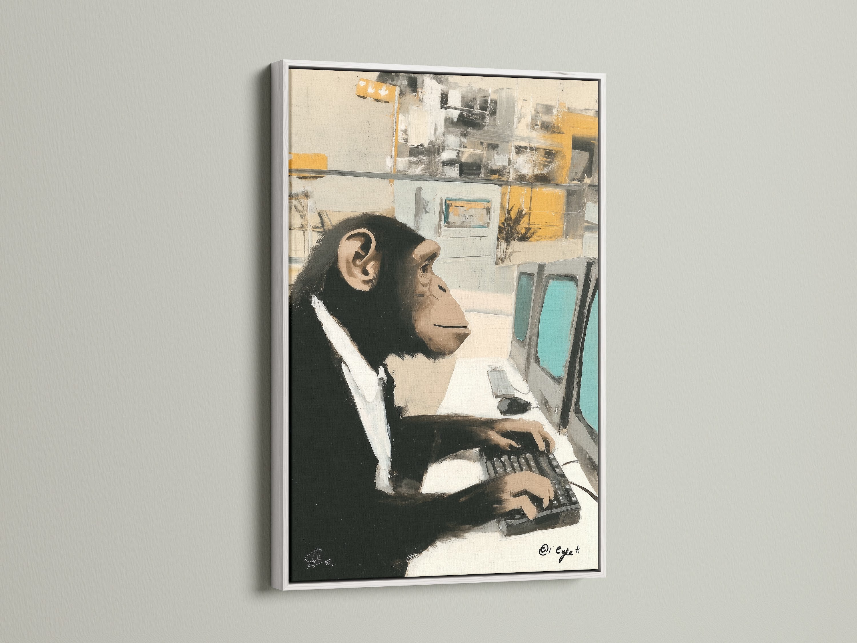 A Monkey Office Art Print is displayed in a white frame on a white wall. This humorous wall art features a chimp typing on a computer. The white frame complements the modern office art. It is ideal for adding a touch of humor to your workspace. This primate artwork is sure to spark conversation.