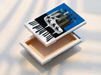 A stretched canvas print of the Piano Castle artwork. This artwork features a whimsical castle on a piano keyboard. Knights are riding across the piano keys. Ready to hang this canvas print is ideal for music rooms living rooms and offices.