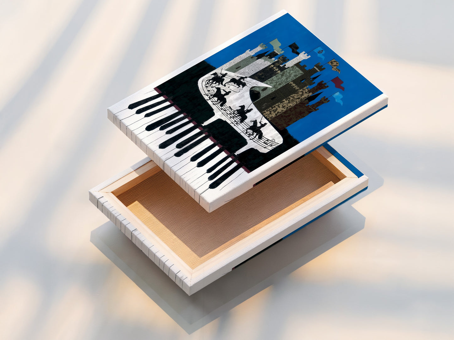 A stretched canvas print of the Piano Castle artwork. This artwork features a whimsical castle on a piano keyboard. Knights are riding across the piano keys. Ready to hang this canvas print is ideal for music rooms living rooms and offices.