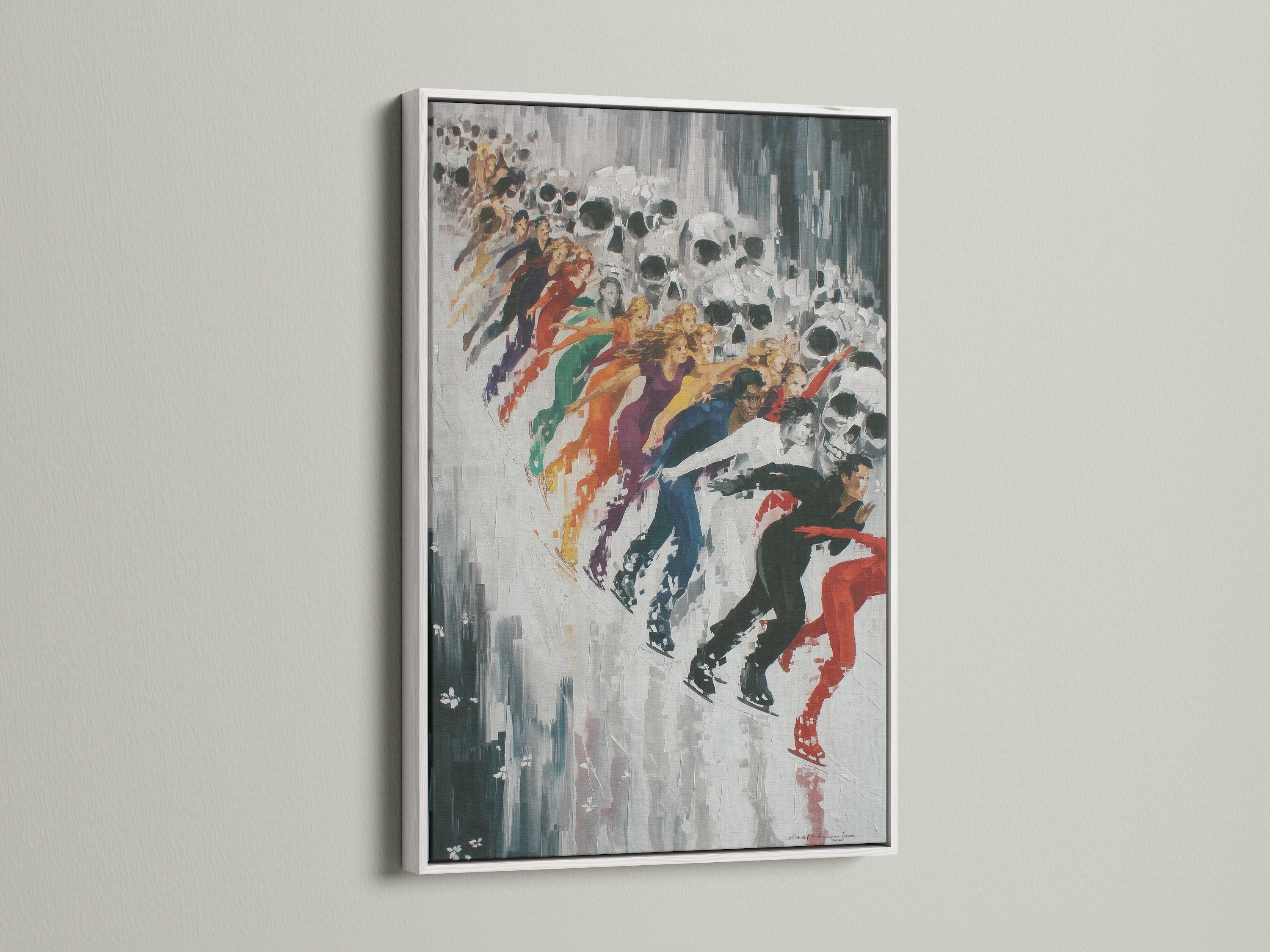 Abstract Skull Art Print with a white frame. The white frame offers a clean modern look. This colorful skull print brings an edgy aesthetic to any space. It's a great choice for modern wall art.