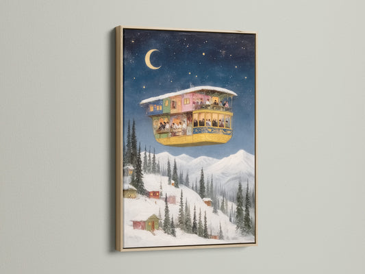 Experience the beauty of winter fantasy artwork with this captivating piece. A fantasy house is set against a backdrop of a starry night. The oak frame adds a rustic touch to this magical wall decor. Ideal for creating a cozy atmosphere in your home. Perfect for art collectors and those seeking unique wall art.