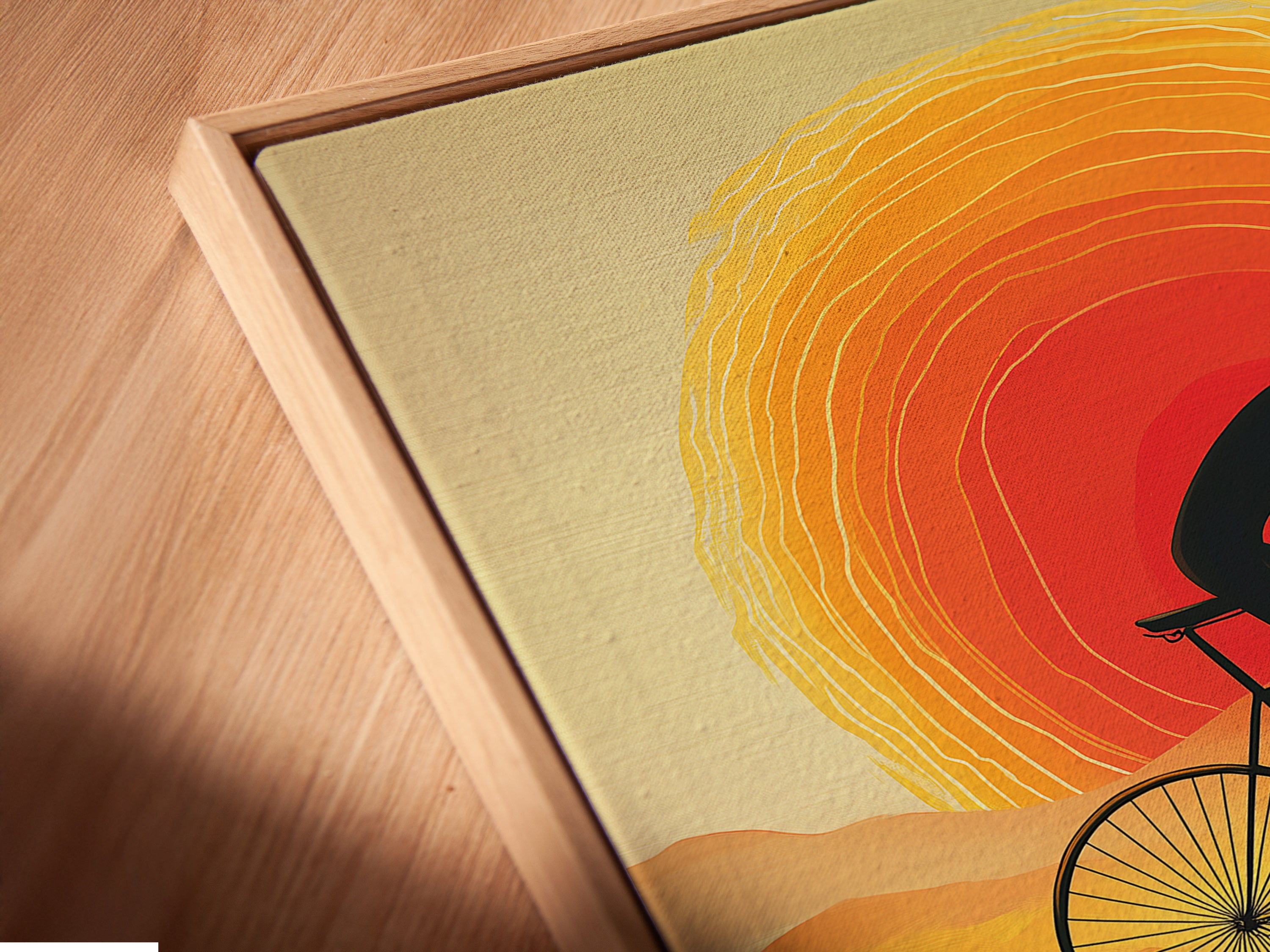 A close up shows the canvas print in a floating frame. This sunset canvas is ready to hang. The silhouette print appears to float. This modern artwork enhances any wall.