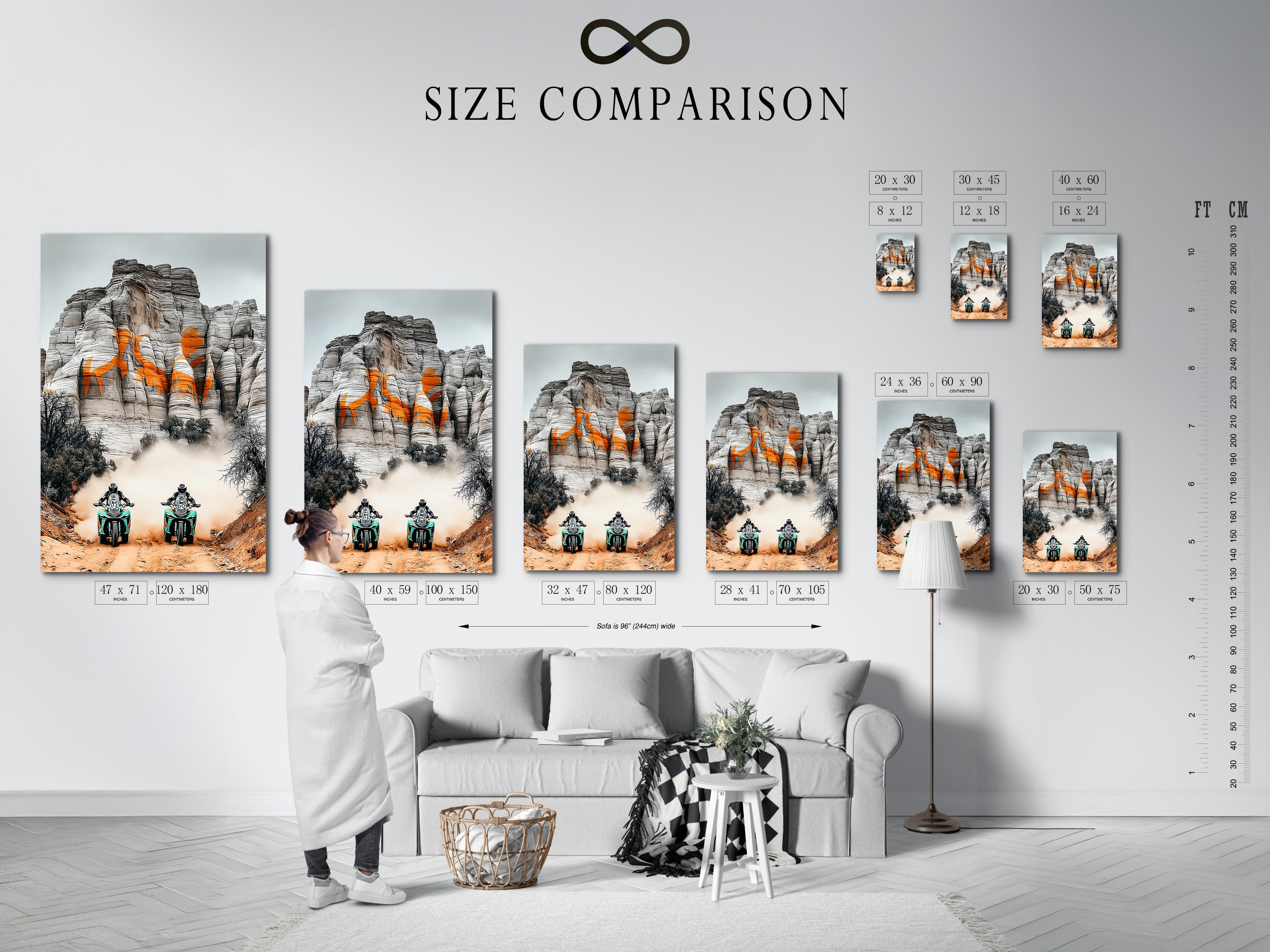 A size comparison chart in an interior setting. Helping you visualize desert adventure art in your space. Perfect for choosing the right size for motorcycle wall art. Homeowners and renters can find the ideal sports canvas print. This chart aids in selecting adventure artwork for your man cave or office.