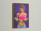 Fitness Woman Canvas Art in a luxurious gold frame. This gym art print is a sophisticated addition to any home gym. It serves as both motivation and elegant decor. The gold frame adds a touch of glamour.