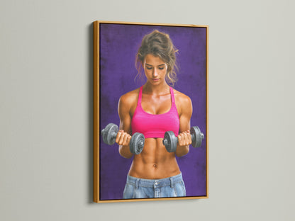 Fitness Woman Canvas Art in a luxurious gold frame. This gym art print is a sophisticated addition to any home gym. It serves as both motivation and elegant decor. The gold frame adds a touch of glamour.