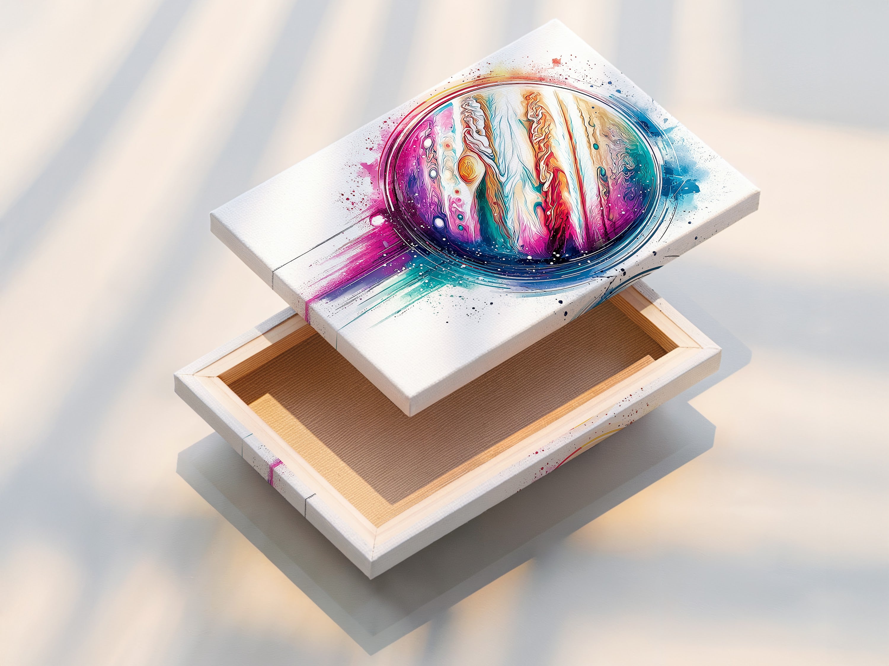 Stretched canvas print of Jupiter Abstract Canvas Print. A modern celestial artwork for contemporary homes. The colorful planet wall art is perfect cosmic decor. Ideal for living rooms bedrooms and offices.