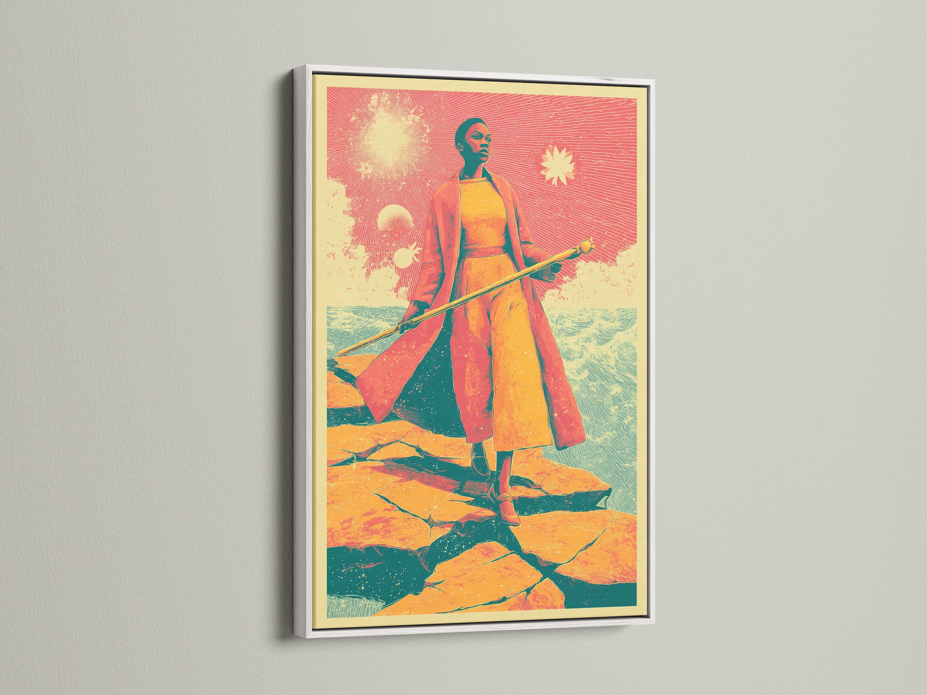 Retro fantasy art print showcased in a white frame. This vintage sci-fi woman canvas art brings surreal artwork to your walls. Great as bedroom wall decor. Elevate your space with retro poster art. Ideal for those seeking elevated fantasy wall decor. The primary color is orange.