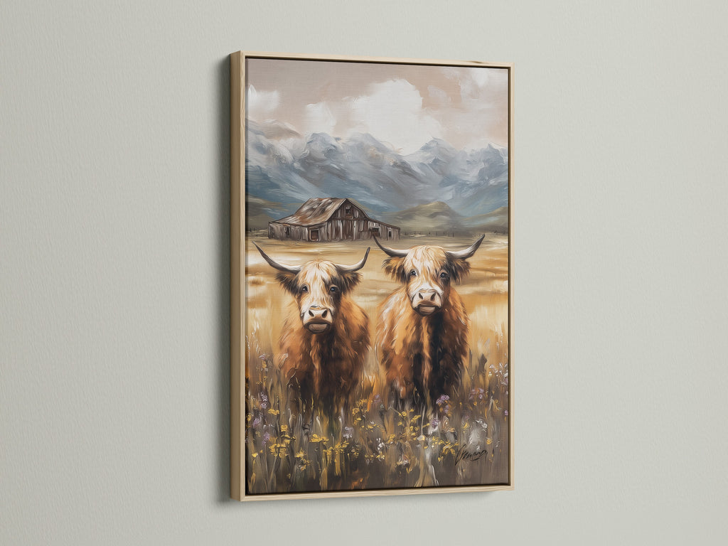 Highland cow art displayed in an oak frame. This farm animal print brings rustic elegance to your home decor. Perfect for a country-themed living room or bedroom wall.