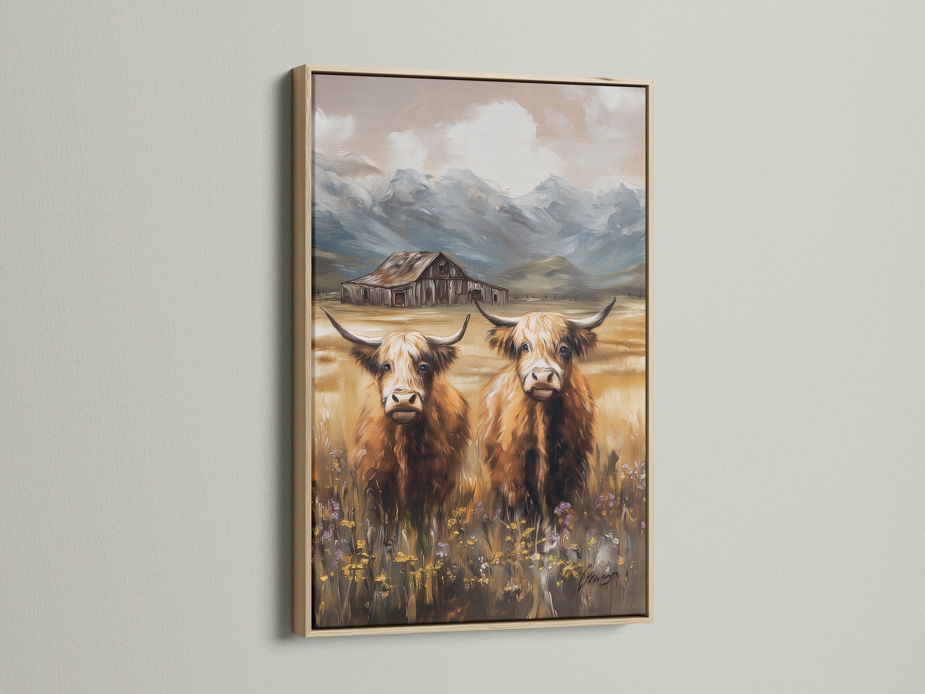 Highland cow art displayed in an oak frame. This farm animal print brings rustic elegance to your home decor. Perfect for a country-themed living room or bedroom wall.