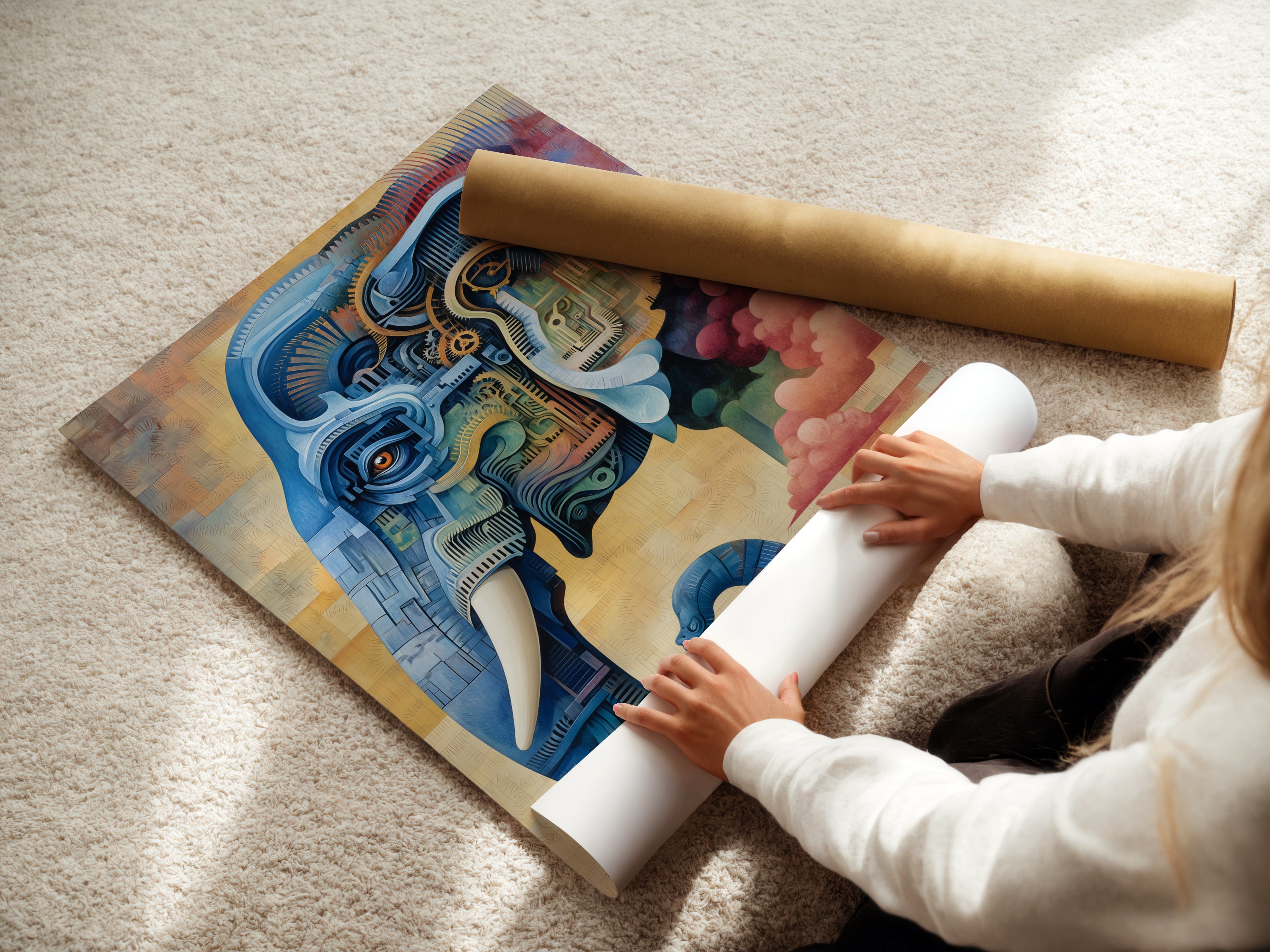 A woman carefully rolls a fine art poster paper featuring a steampunk elephant. The artwork showcases a mechanical animal. The blue and pink industrial artwork is perfect for collectors and art lovers. It is ideal for office or home decor.