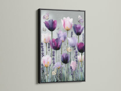 A striking artwork with a black frame. The artwork features pink and purple tulips. Butterflies add a delicate touch to the floral artwork. The black frame provides a bold contrast making the artwork pop. The art is displayed on a white wall creating a sophisticated look.