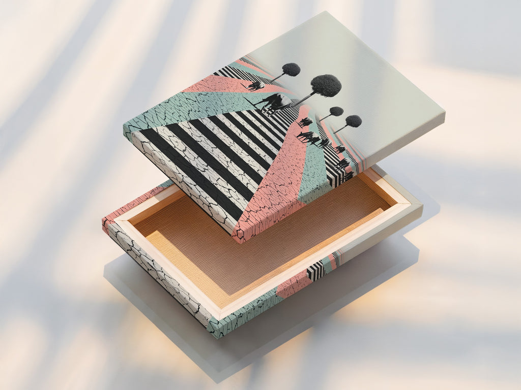 This is a stretched canvas print of surreal cow artwork. The pastel colors and cracked zebra crossing create a unique modern piece. Ready to hang for easy wall decor. Explore stretched canvas options today.