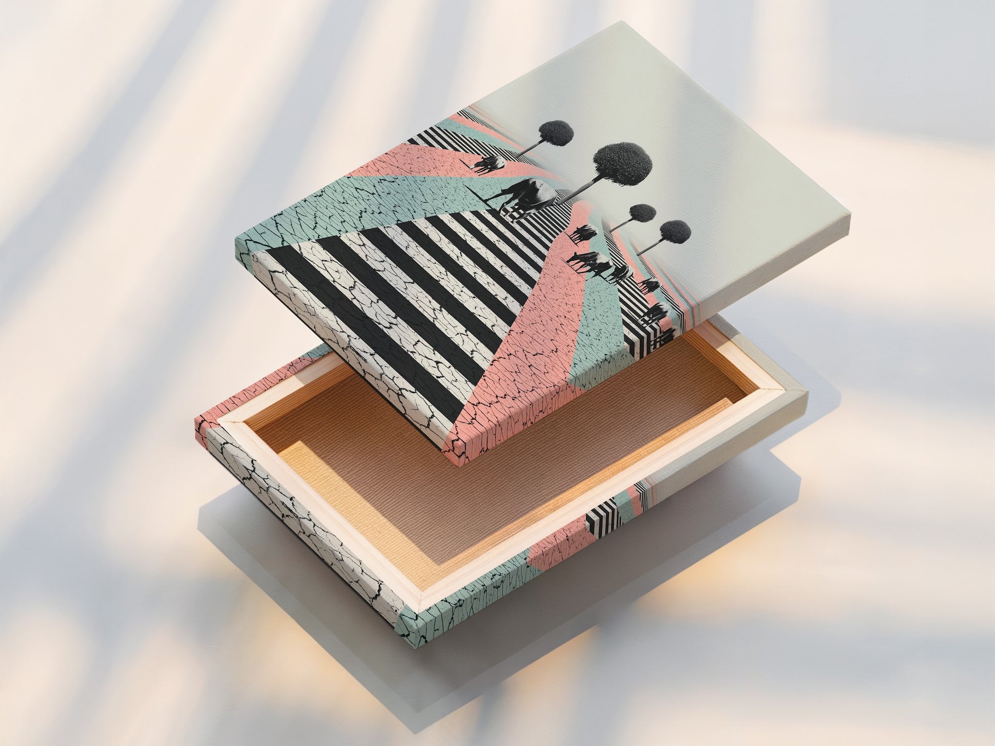 This is a stretched canvas print of surreal cow artwork. The pastel colors and cracked zebra crossing create a unique modern piece. Ready to hang for easy wall decor. Explore stretched canvas options today.