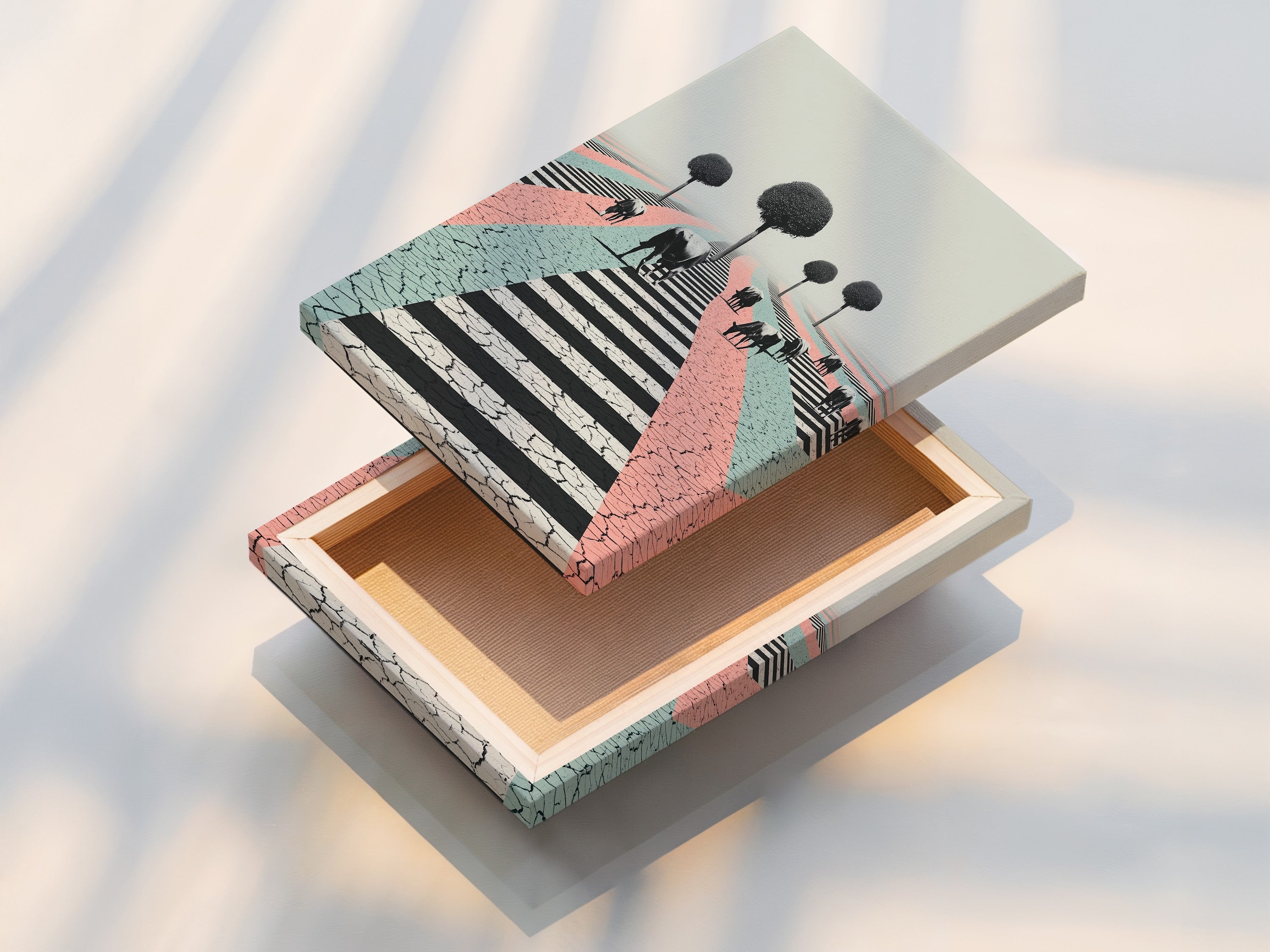 This is a stretched canvas print of surreal cow artwork. The pastel colors and cracked zebra crossing create a unique modern piece. Ready to hang for easy wall decor. Explore stretched canvas options today.