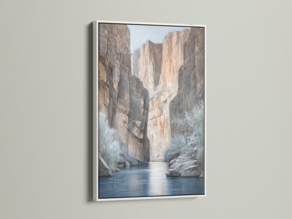 Canyon River canvas print with a sleek white frame. This neutral wall art features a stunning desert landscape. The white frame enhances the artwork's natural tones. Perfect as office art or living room decor. This nature painting brings a touch of the Southwest to your home. Explore this scenic canvas today.