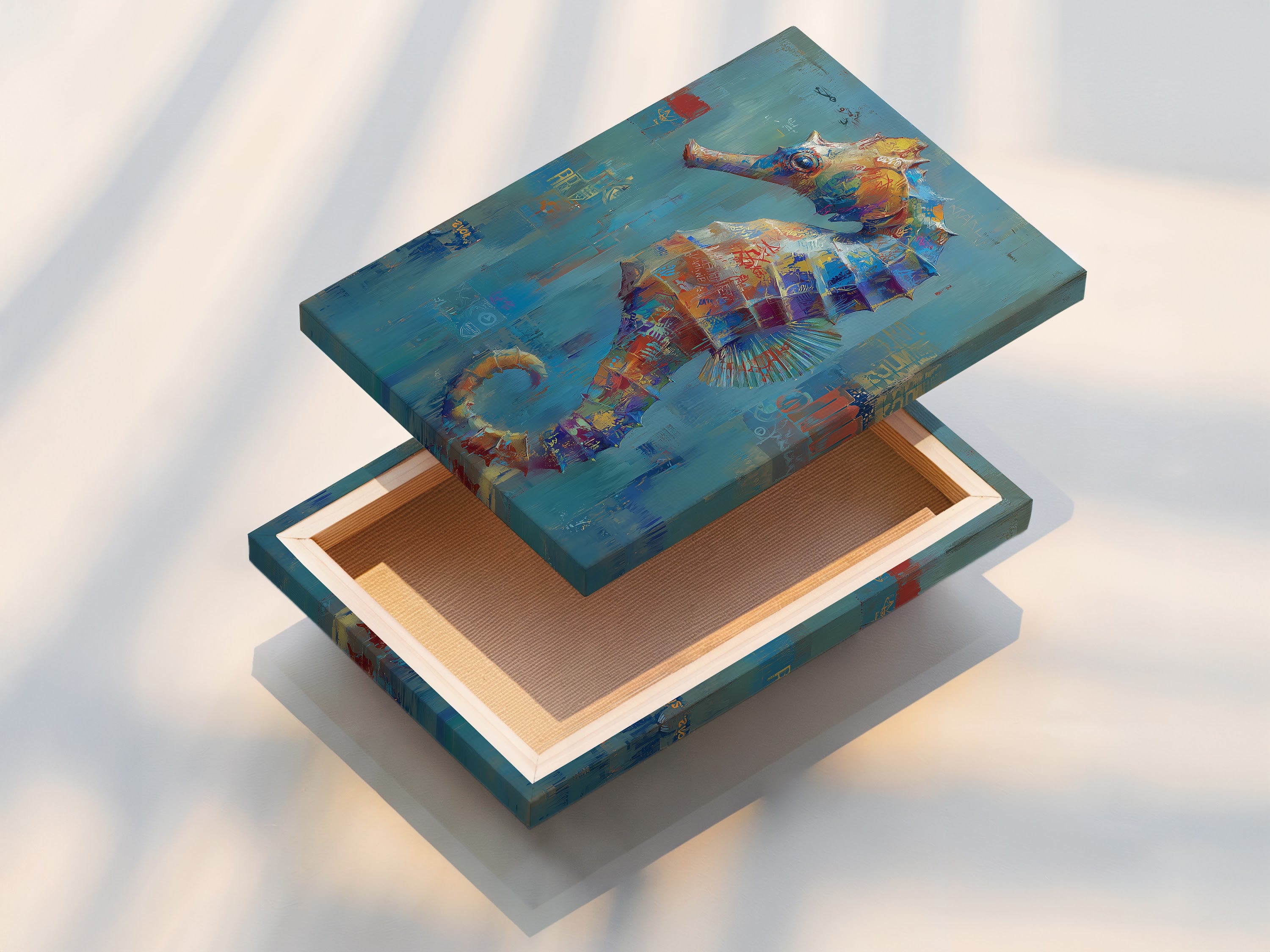 A stretched canvas print displays seahorse abstract art. This marine artwork is ready to hang. The colorful ocean canvas print is ideal for coastal wall decor. Add a touch of sea life to your walls.