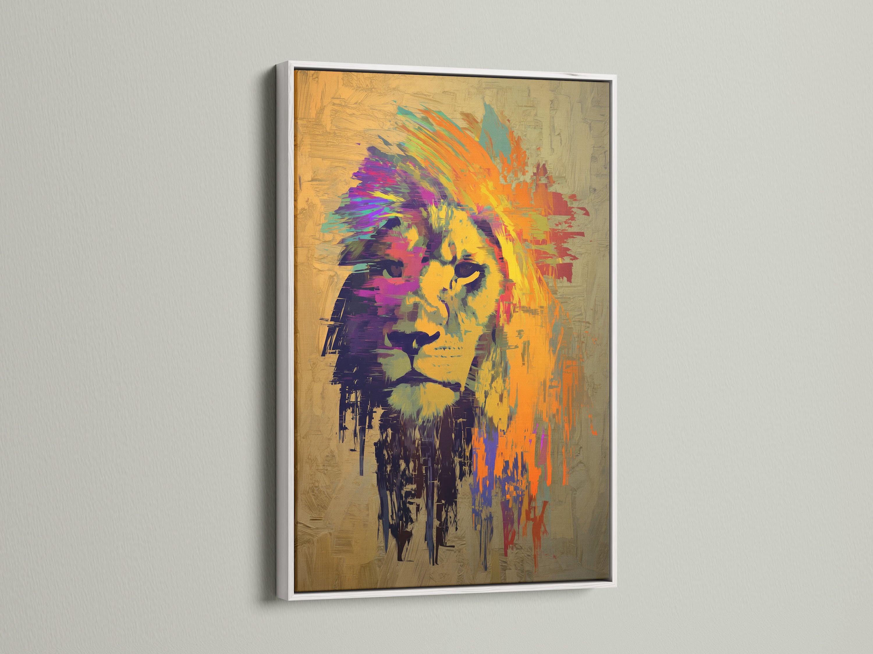 A striking lion artwork is presented in a white frame. The white frame offers a clean and modern look. This combination enhances the artwork's visual appeal. Discover how framed art can transform your home decor. Shop now for unique pieces.