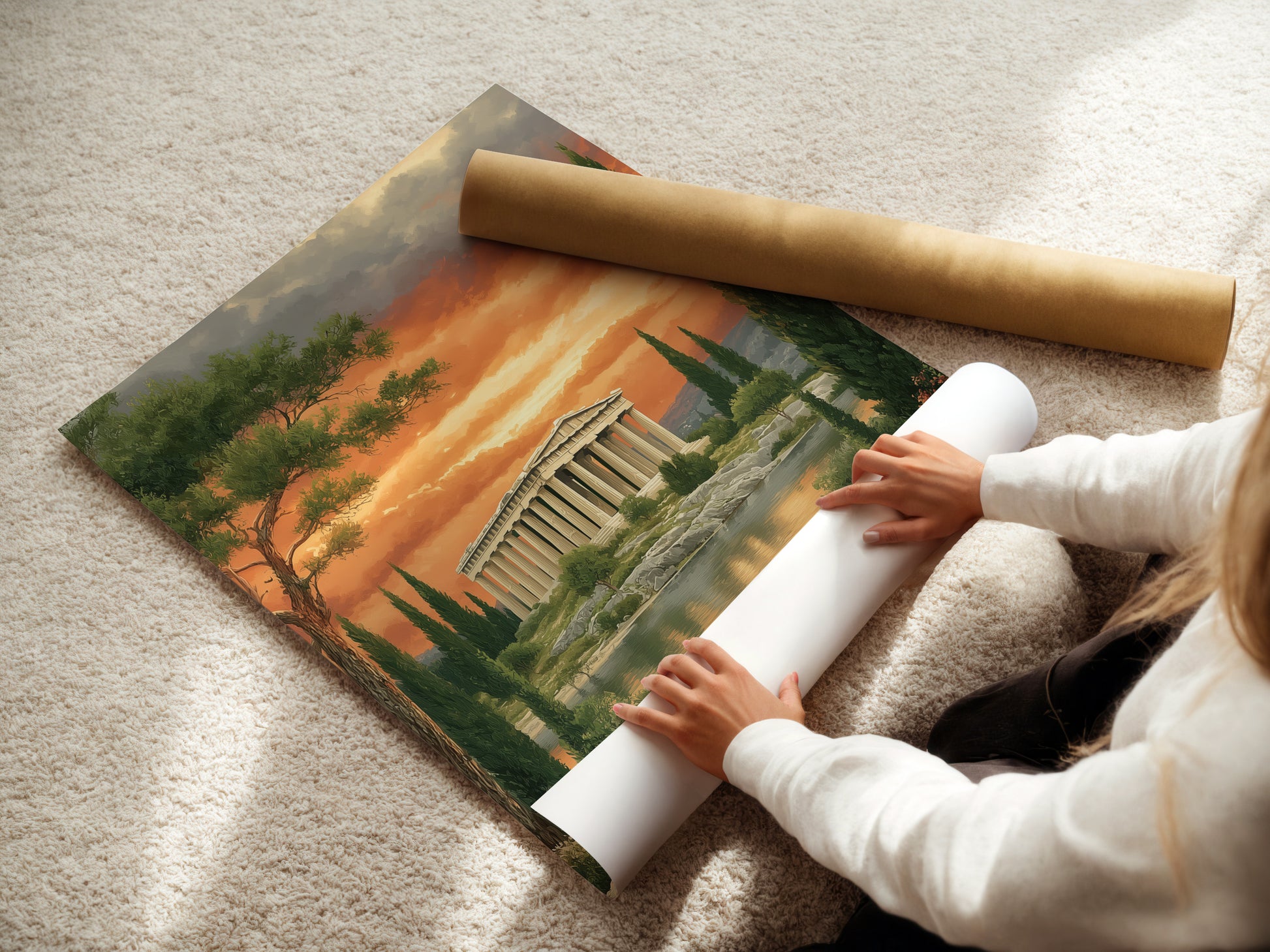 A woman is rolling a fine art poster paper featuring the Greek Temple. This classical artwork is perfect for any space. The Parthenon print is ideal for minimalist spaces. Bring a touch of ancient Greece to your home. This fine art poster is perfect for framing and displaying.