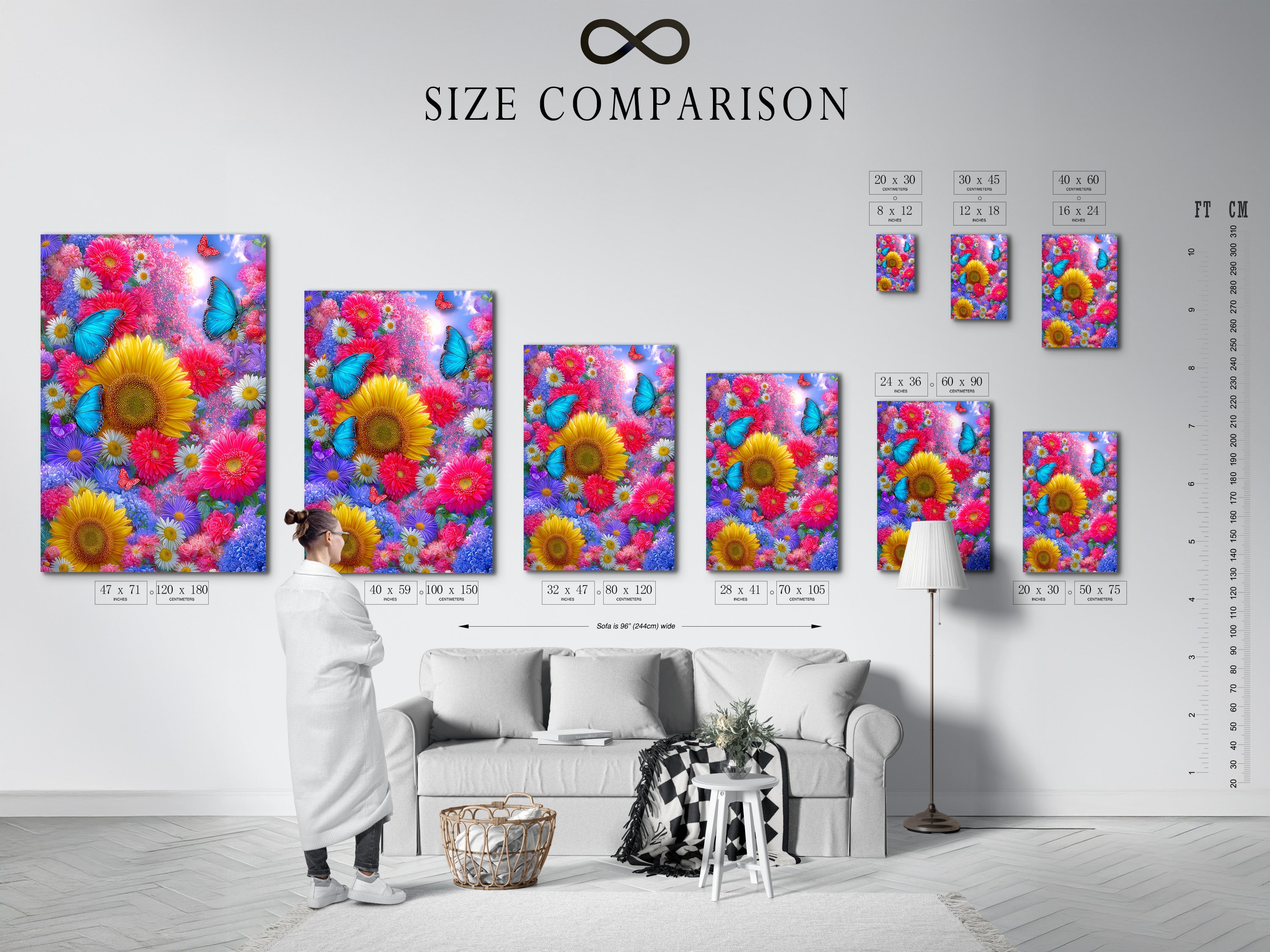 A size comparison chart is shown in an interior setting. It displays the dimensions of the butterfly flower garden artwork. This chart helps visualize how the artwork will look in your space. Available in various sizes to suit different wall dimensions and preferences.