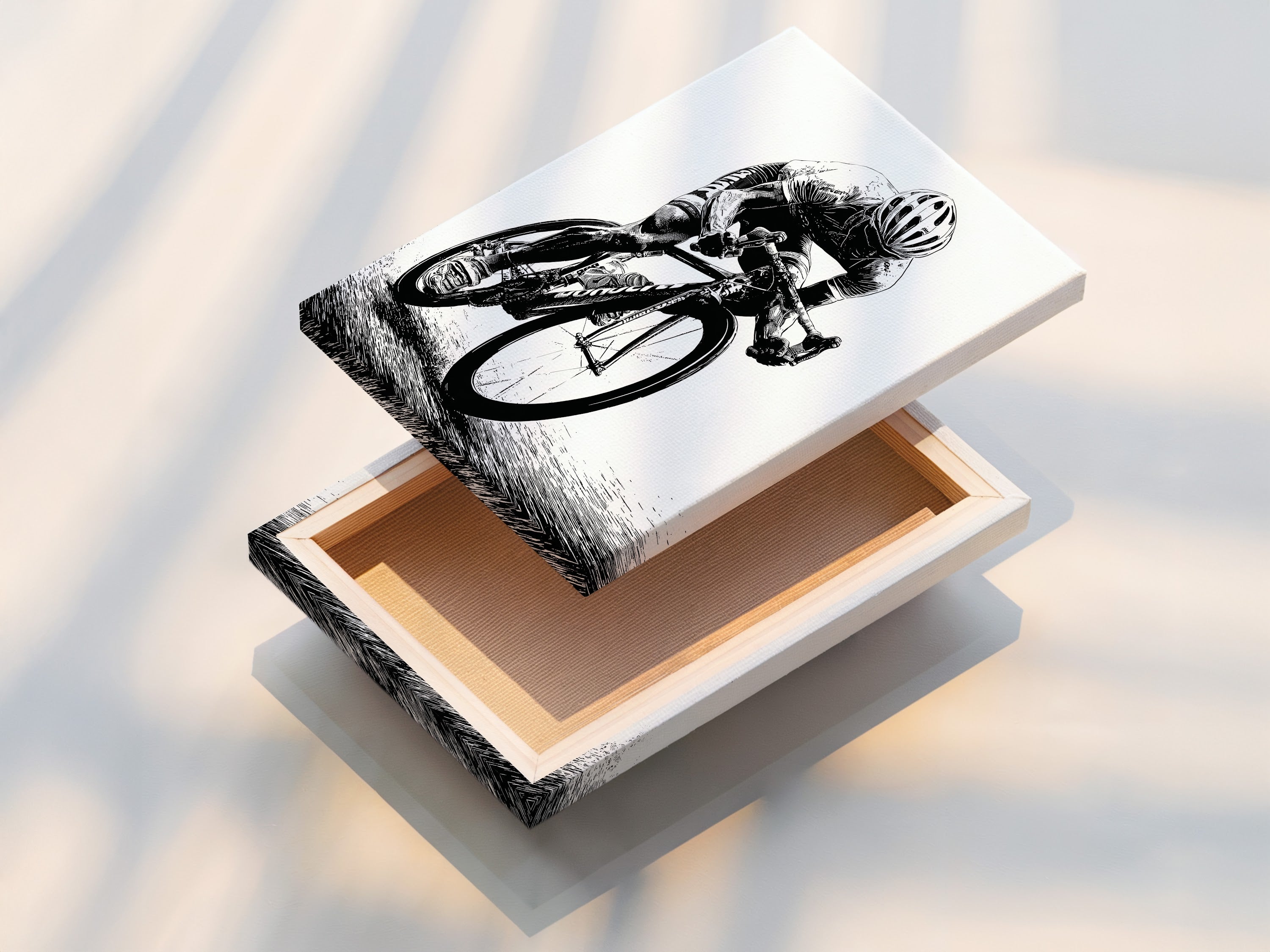 A stretched canvas print featuring cycling art. This sports wall decor is ready to hang. Perfect for home gym wall art or office wall art. This cyclist artwork adds an athletic touch to any space. Vintage style.