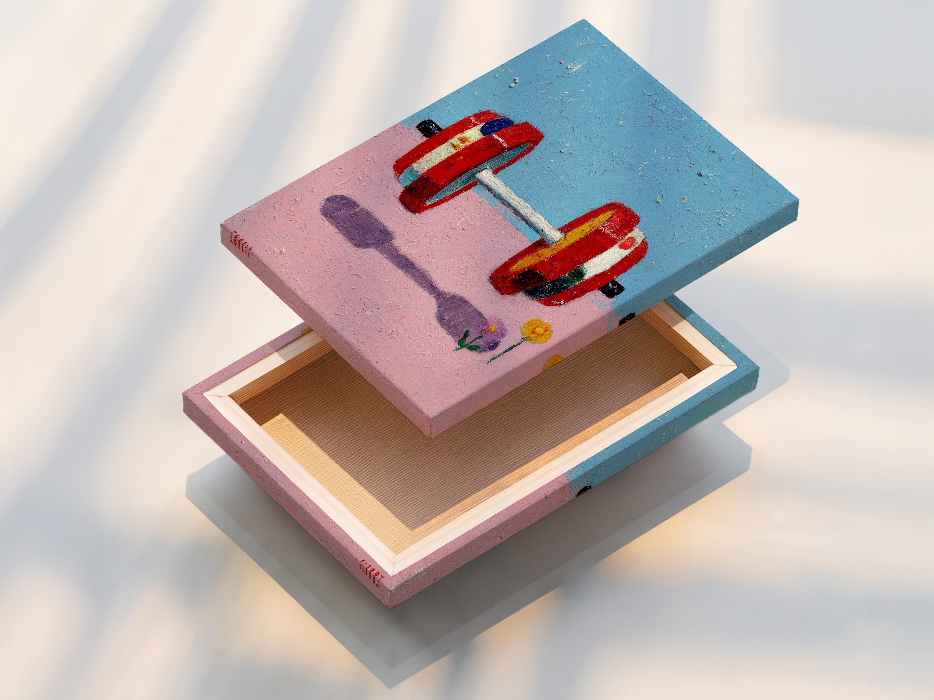 A stretched canvas print of a fitness art piece. The artwork features a vibrant dumbbell design. This gym wall art adds a modern touch to any space. Perfect for home gym decor or a fitness studio. The abstract workout canvas print brings motivation and style to your workout.