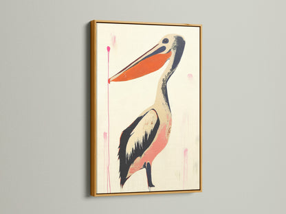 Artwork of a pelican in a gold frame. The gold frame adds a touch of luxury. It enhances the artwork's rich colors. This frame creates a focal point. It brings opulence to your home. Explore our framed art.