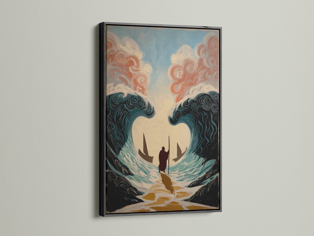 This is a black frame. The frame gives a bold classic feel. The artwork is displayed on a white wall with natural light. This frame adds drama and elegance. Ideal for any artwork style. Make a statement with this striking frame.