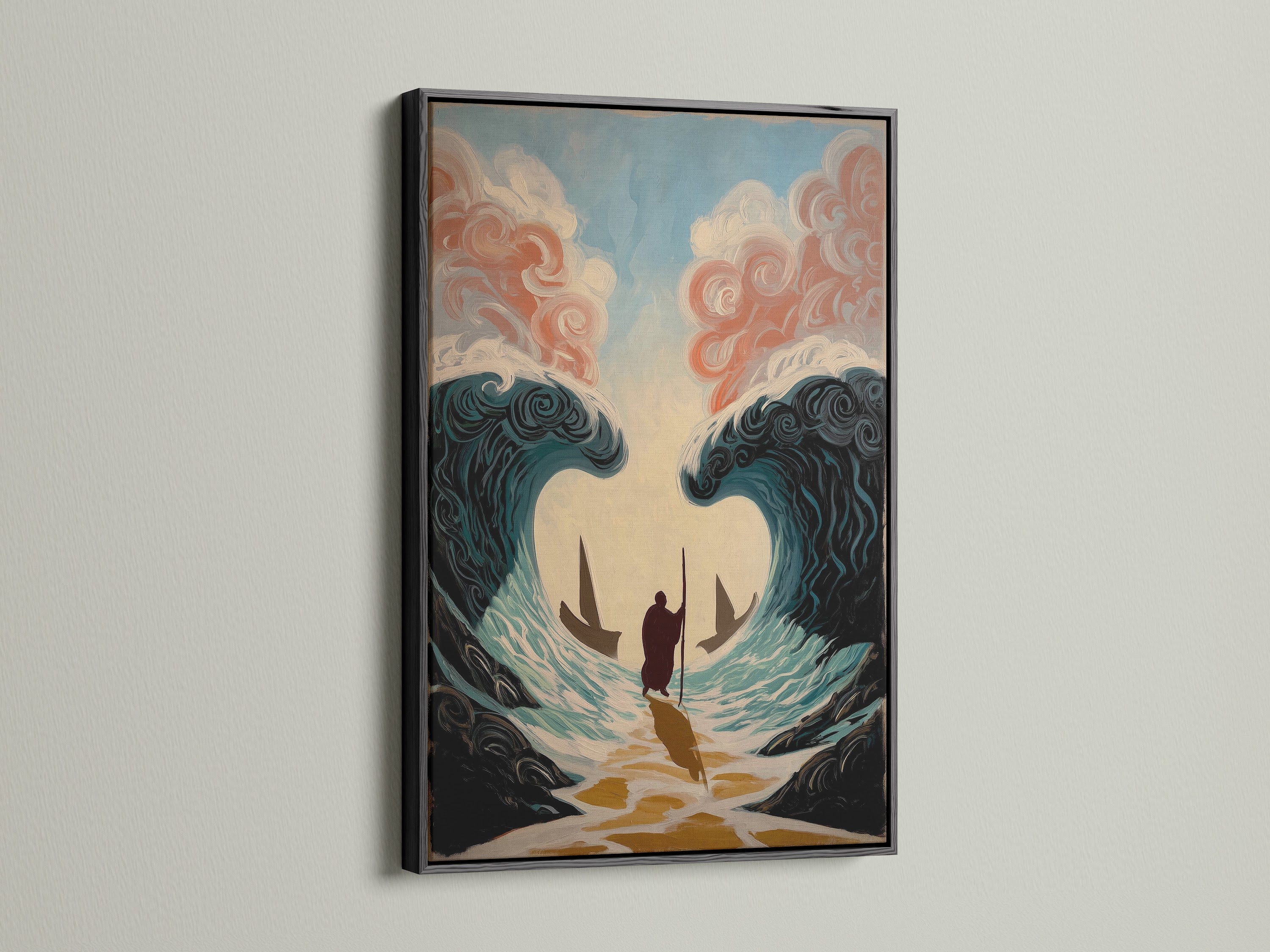 This is a black frame. The frame gives a bold classic feel. The artwork is displayed on a white wall with natural light. This frame adds drama and elegance. Ideal for any artwork style. Make a statement with this striking frame.