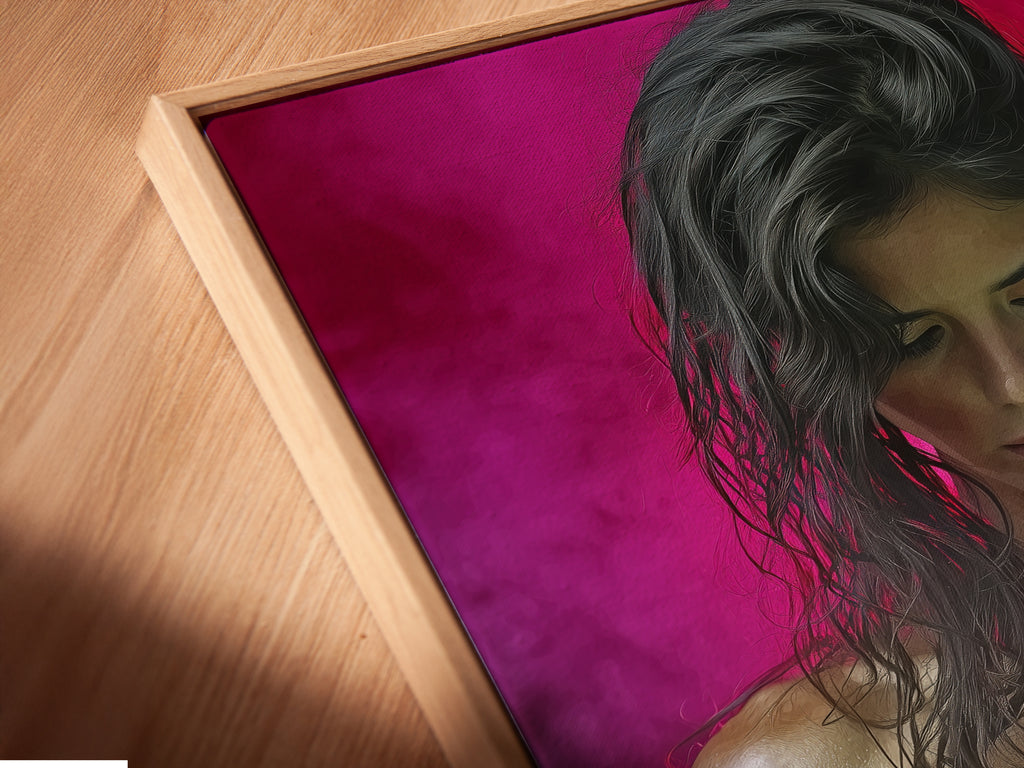 Angled close up of a canvas print in a floating frame. The artwork features a fitness woman. This piece enhances any workout space. A modern addition to your gym. Perfect for fitness motivation.