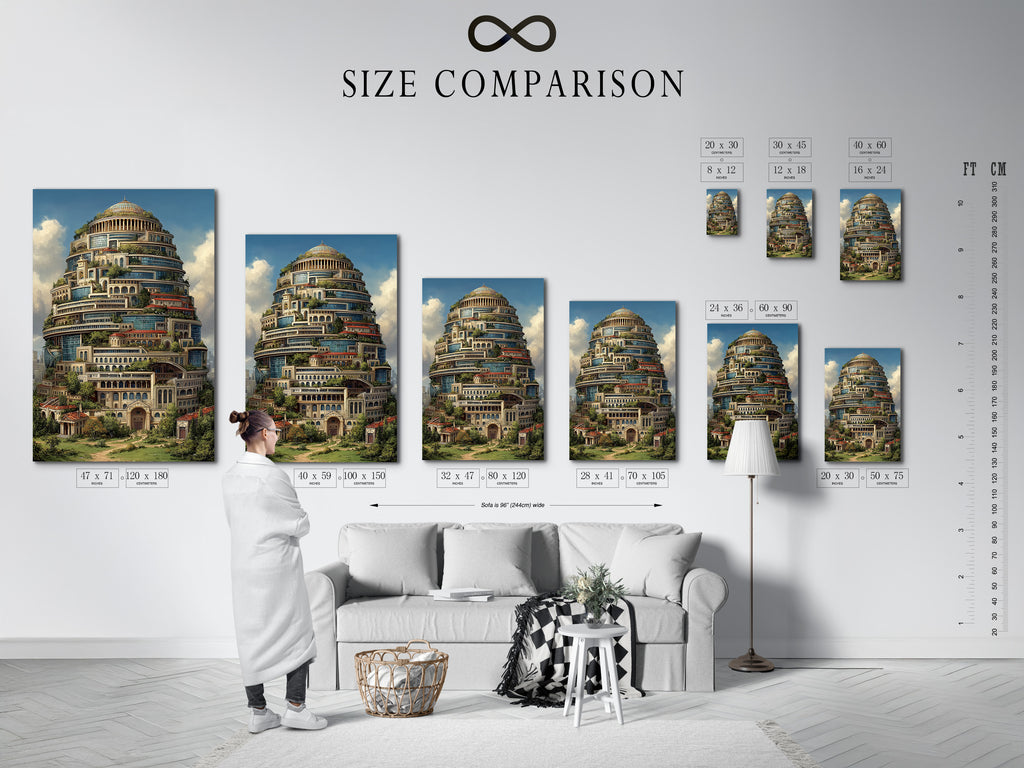A size comparison chart displayed in an interior setting. See how this fantasy architecture print fits in your space. This surreal tower canvas enhances any wall. The primary color is brown. The secondary color is green. It is perfect as office art.