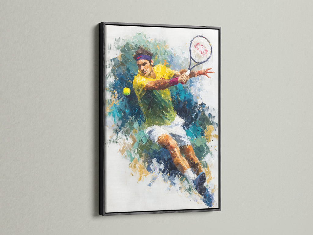 This sports wall decor features a tennis player in a black frame. The abstract sports print uses a colorful style. This tennis artwork is perfect for an athletic wall. It brings energy to a home gym. The tennis canvas print is a great addition to any sports-themed space.