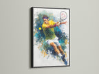 This sports wall decor features a tennis player in a black frame. The abstract sports print uses a colorful style. This tennis artwork is perfect for an athletic wall. It brings energy to a home gym. The tennis canvas print is a great addition to any sports-themed space.