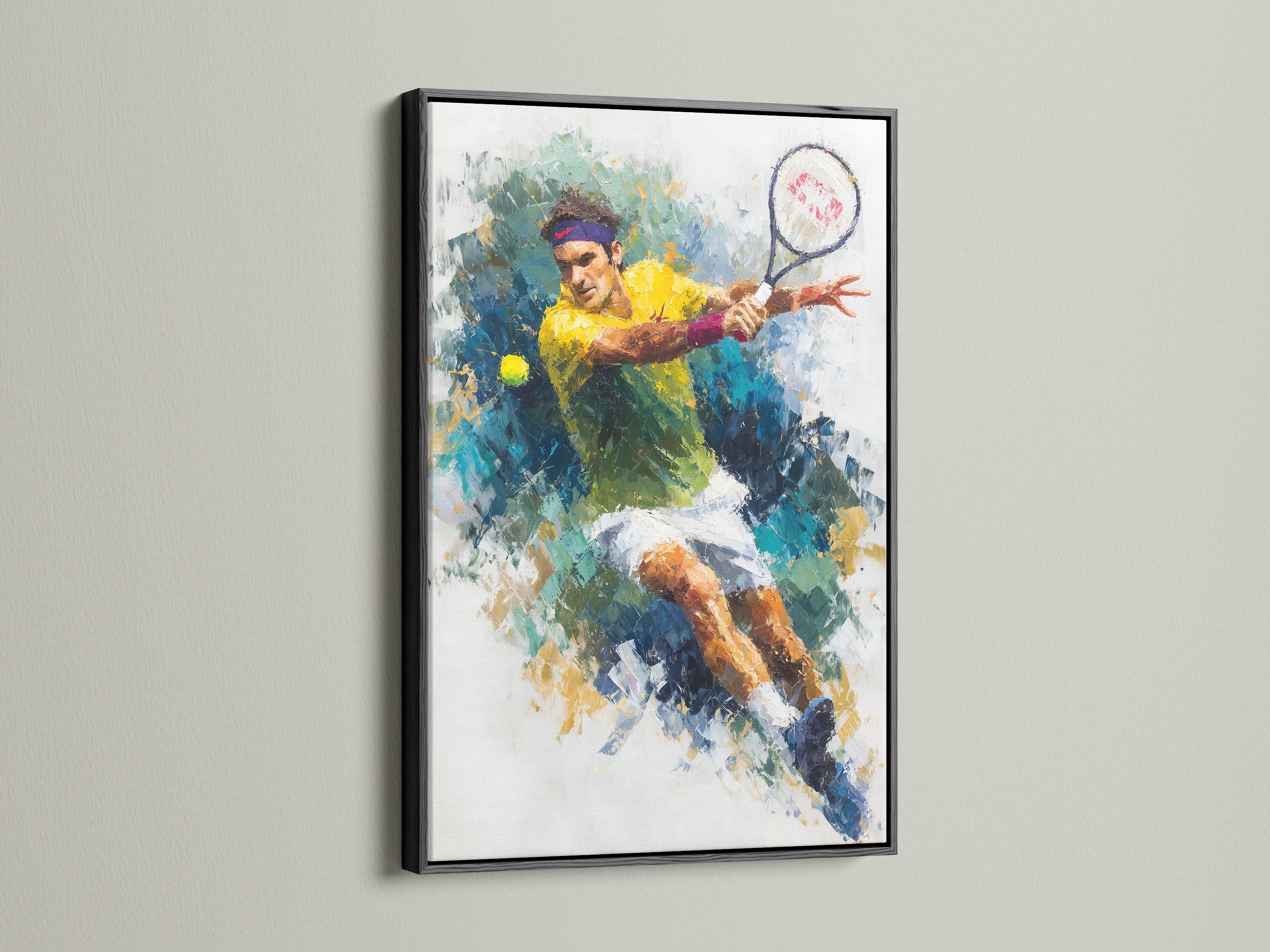 This sports wall decor features a tennis player in a black frame. The abstract sports print uses a colorful style. This tennis artwork is perfect for an athletic wall. It brings energy to a home gym. The tennis canvas print is a great addition to any sports-themed space.
