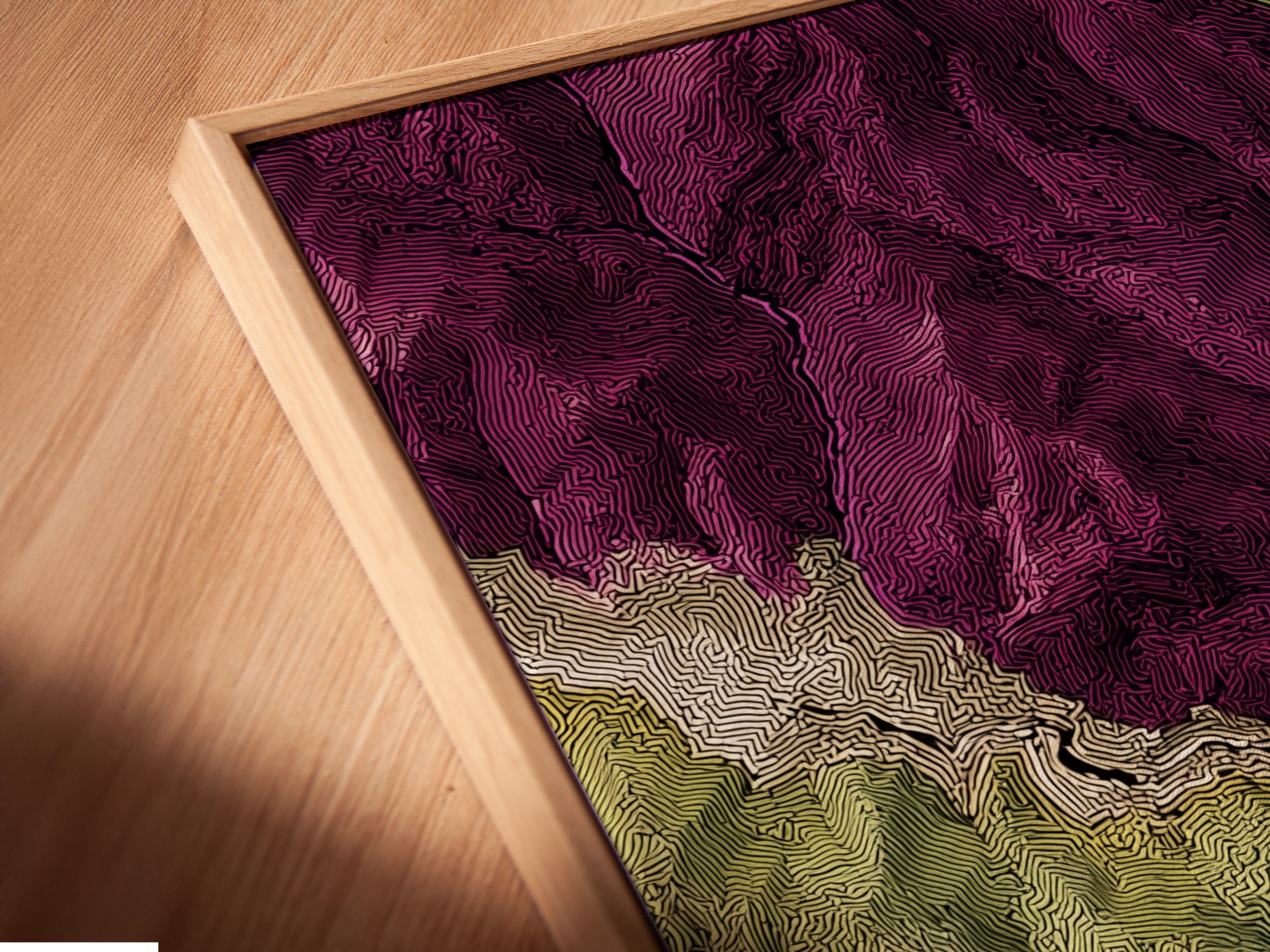 A close-up angled shot of a canvas print in a floating frame. The artwork is a topographical map. It features purple and green landscapes. The floating frame adds a modern touch. This printing method enhances the artwork. It makes the art stand out against the wall.