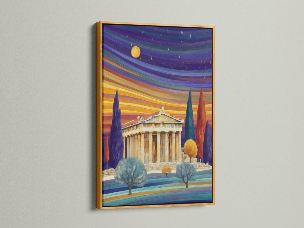 A gold frame enhances a Parthenon artwork. The colorful sunset landscape complements the ancient Greek architecture. This temple canvas art brings classical charm to any space. Ideal for creating a sophisticated office wall decor.
