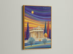 A gold frame enhances a Parthenon artwork. The colorful sunset landscape complements the ancient Greek architecture. This temple canvas art brings classical charm to any space. Ideal for creating a sophisticated office wall decor.