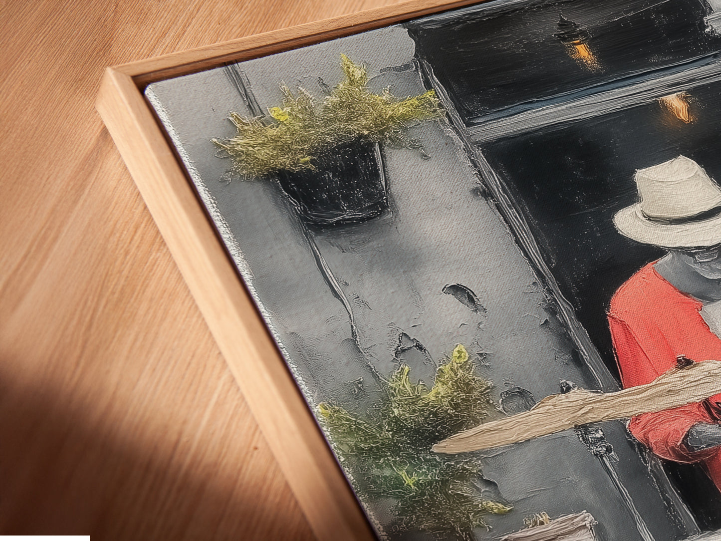 Close-up angled view of a Jazz Drummer canvas print. It features a floating frame. This urban music wall art is perfect for music studio wall decor. The modern musician artwork adds a cool tone to any space.