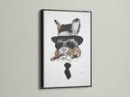 Gentleman Rabbit art in a black frame. A sophisticated choice for office wall art. The black frame adds contrast and elegance. It is a dapper animal print that stands out. Ideal for urban and eclectic styles. The artwork is a unique statement piece.
