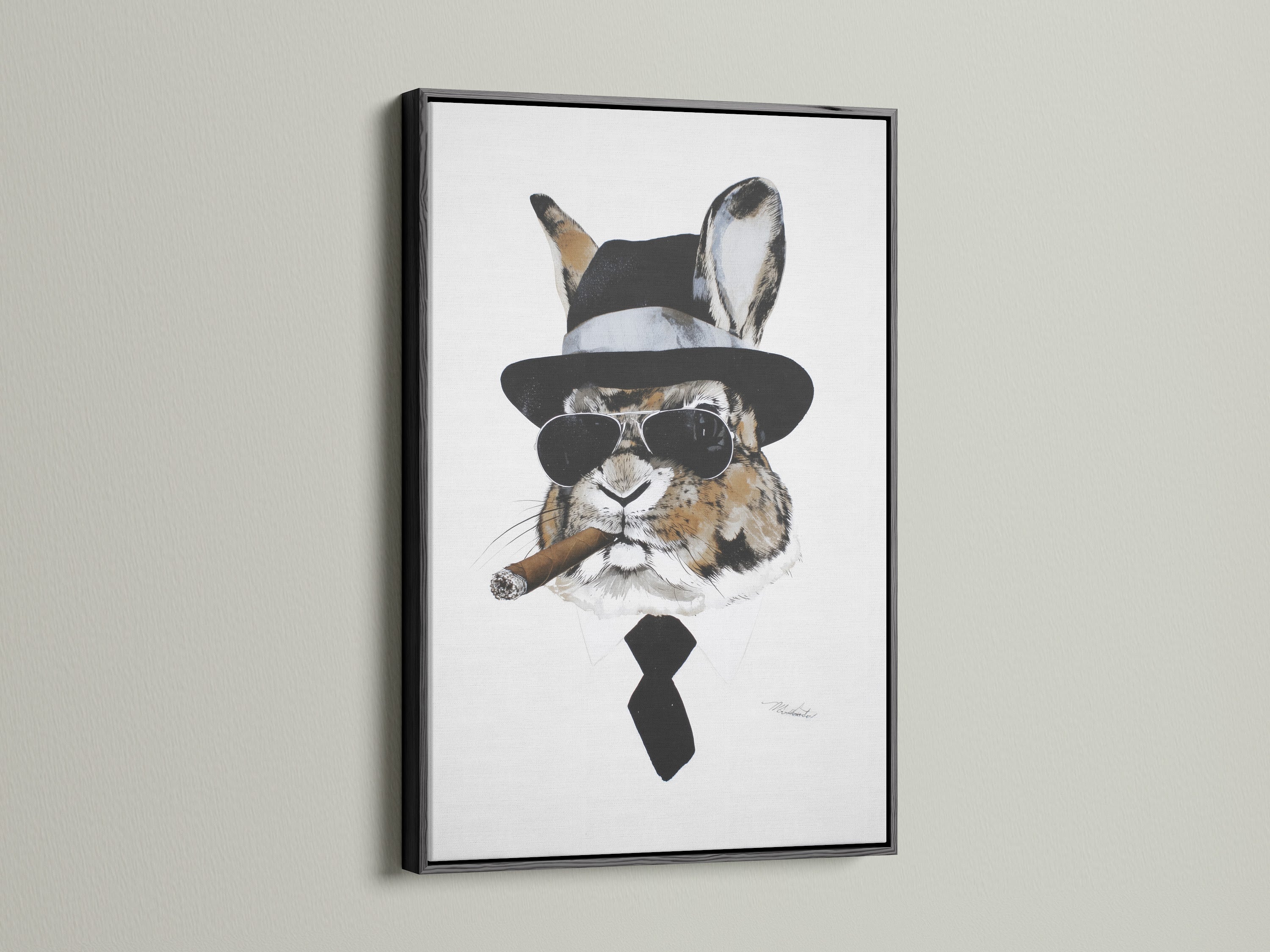 Gentleman Rabbit art in a black frame. A sophisticated choice for office wall art. The black frame adds contrast and elegance. It is a dapper animal print that stands out. Ideal for urban and eclectic styles. The artwork is a unique statement piece.