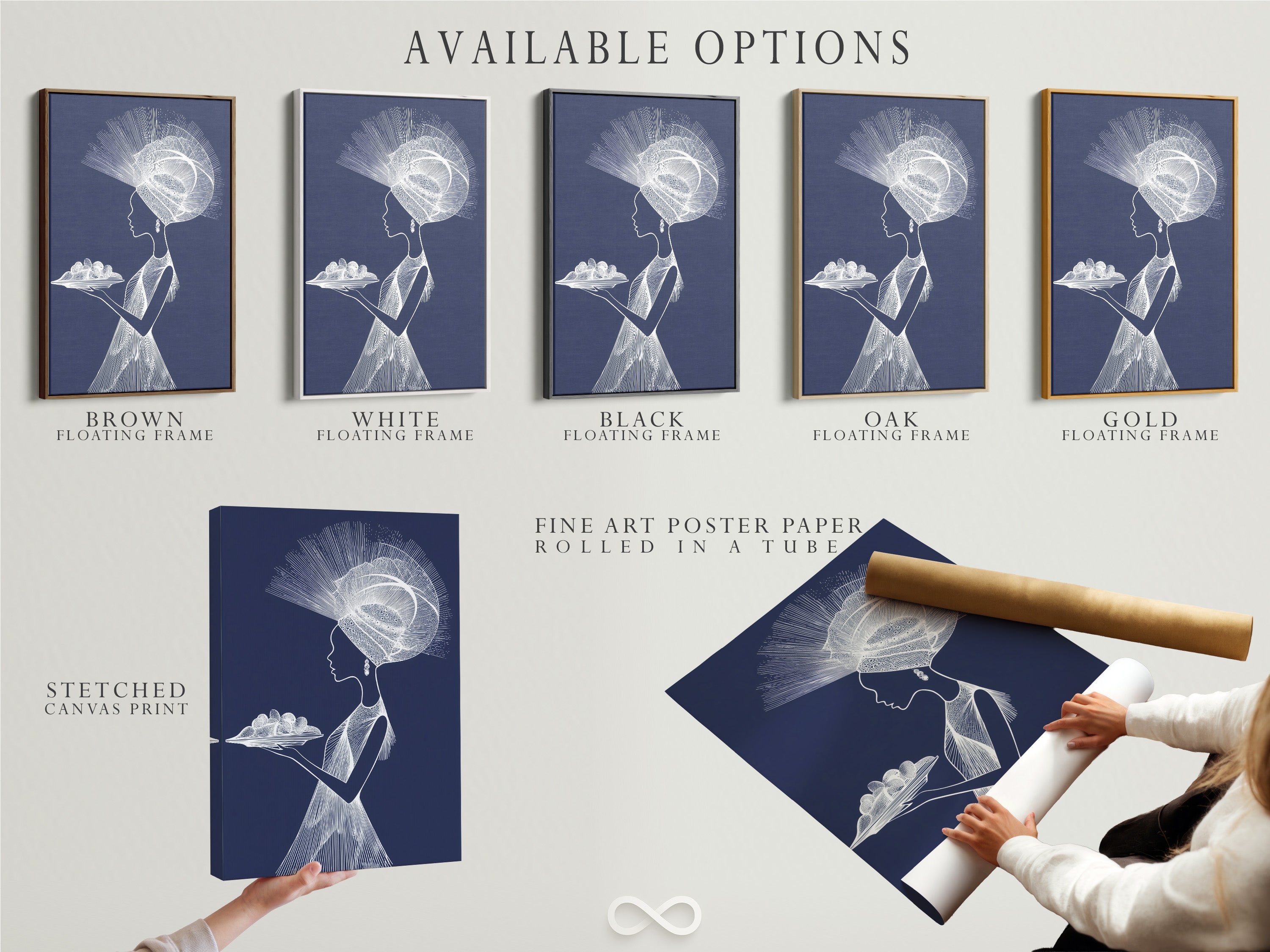 Available options include stretched canvas print fine art poster paper and a floating frame. Choose the perfect medium and frame for your art piece. Each option offers a unique aesthetic and presentation. Customize your artwork to suit your personal style. Select the best option for your needs.