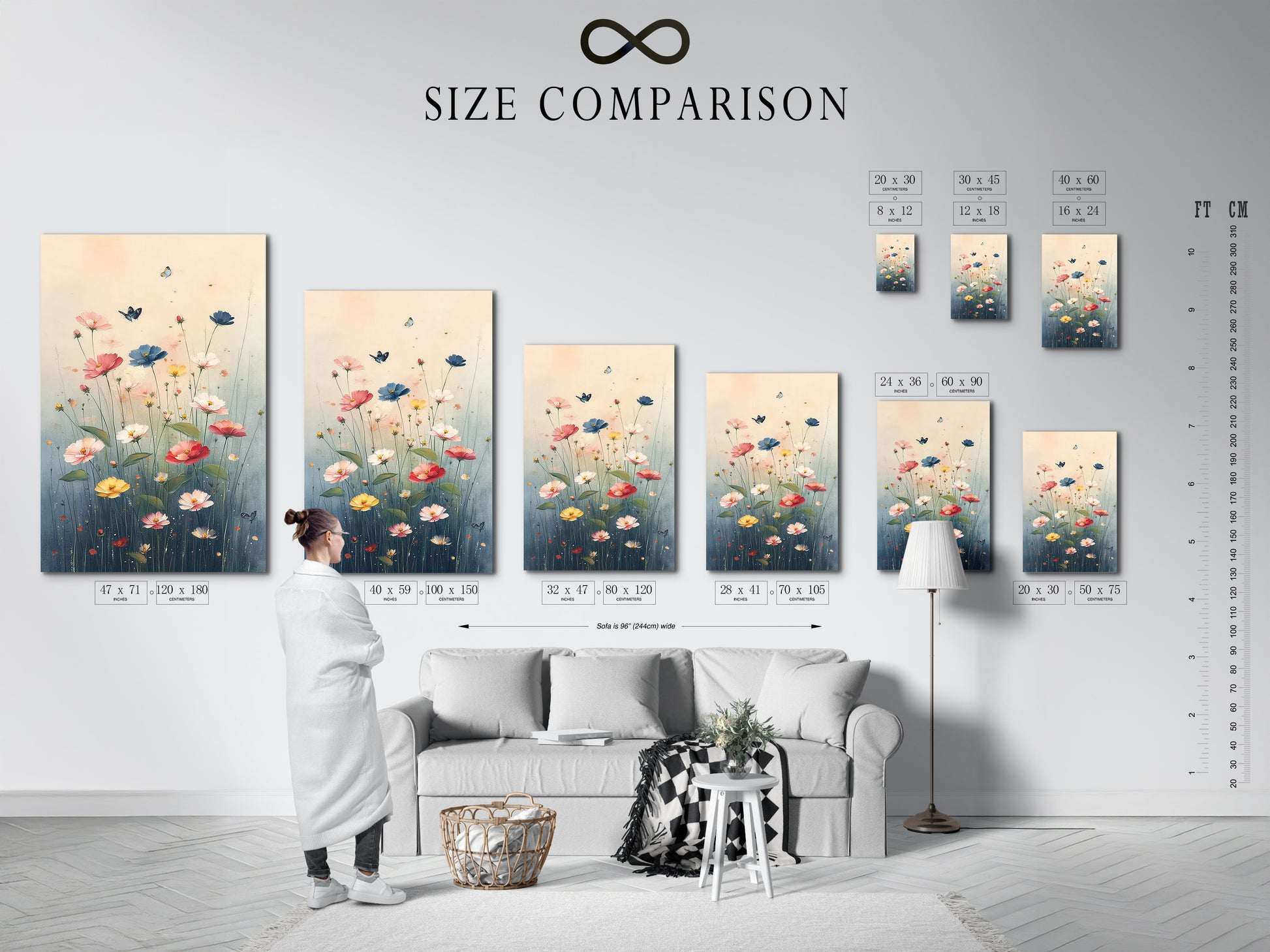 Size comparison chart in an interior setting featuring Floral Meadow artwork. See how this botanical artwork fits in various room sizes. The pastel flower art enhances bedroom decor. It is perfect for visualizing your wall art options before purchasing.