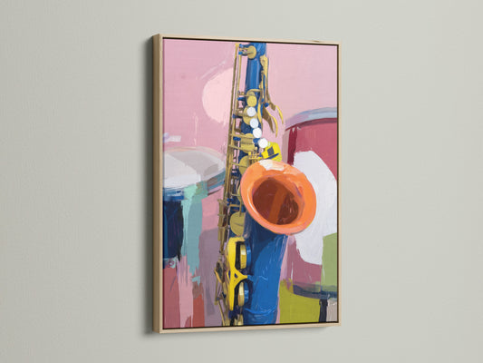 This is a vibrant saxophone canvas print with an oak frame. The colorful jazz art is ideal for studio decor. The musical instrument poster is perfect for music enthusiasts. A modern art piece that will enhance any room. It is great for adding a unique touch to living spaces.