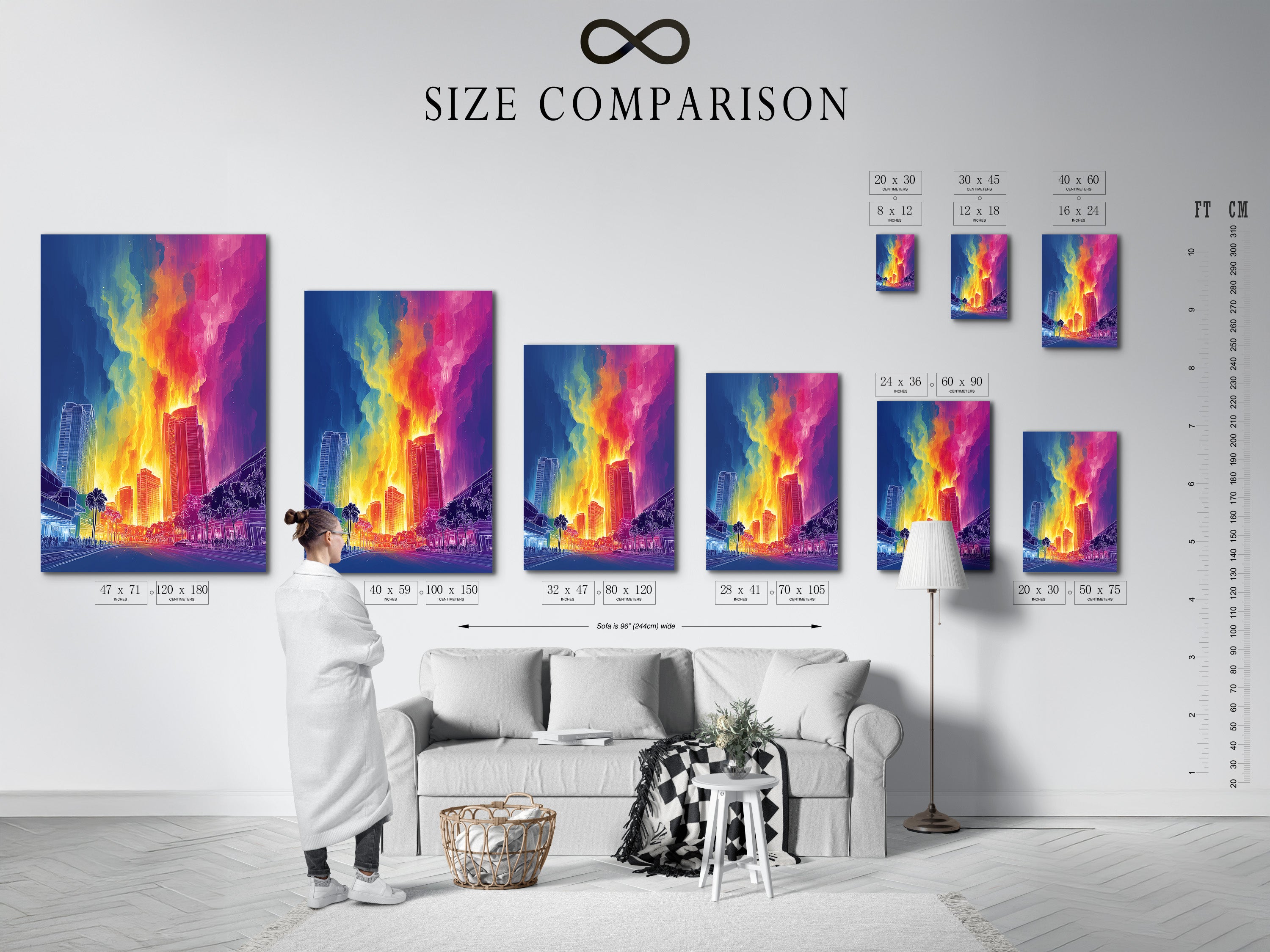 A size comparison chart displayed in an interior setting. The chart showcases various sizes of neon cityscape artwork. This helps visualize the artwork's scale in a room. Perfect for planning your wall decor. Choose the ideal size to complement your space today. Transform any room.