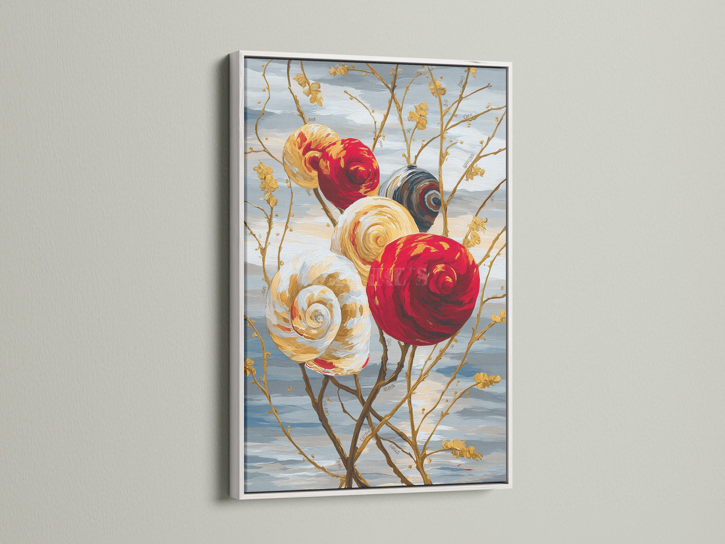 The spiral flower artwork is displayed in a white frame. The crisp white frame enhances the modern abstract wall art. Add a touch of elegance with this botanical artwork.