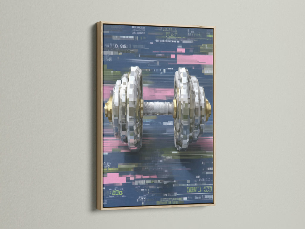 Digital Glitch Dumbbell Art in an oak frame. This cyberpunk wall art is a fitness canvas print. The oak frame complements the pixel art print. Add tech wall decor to your home gym.