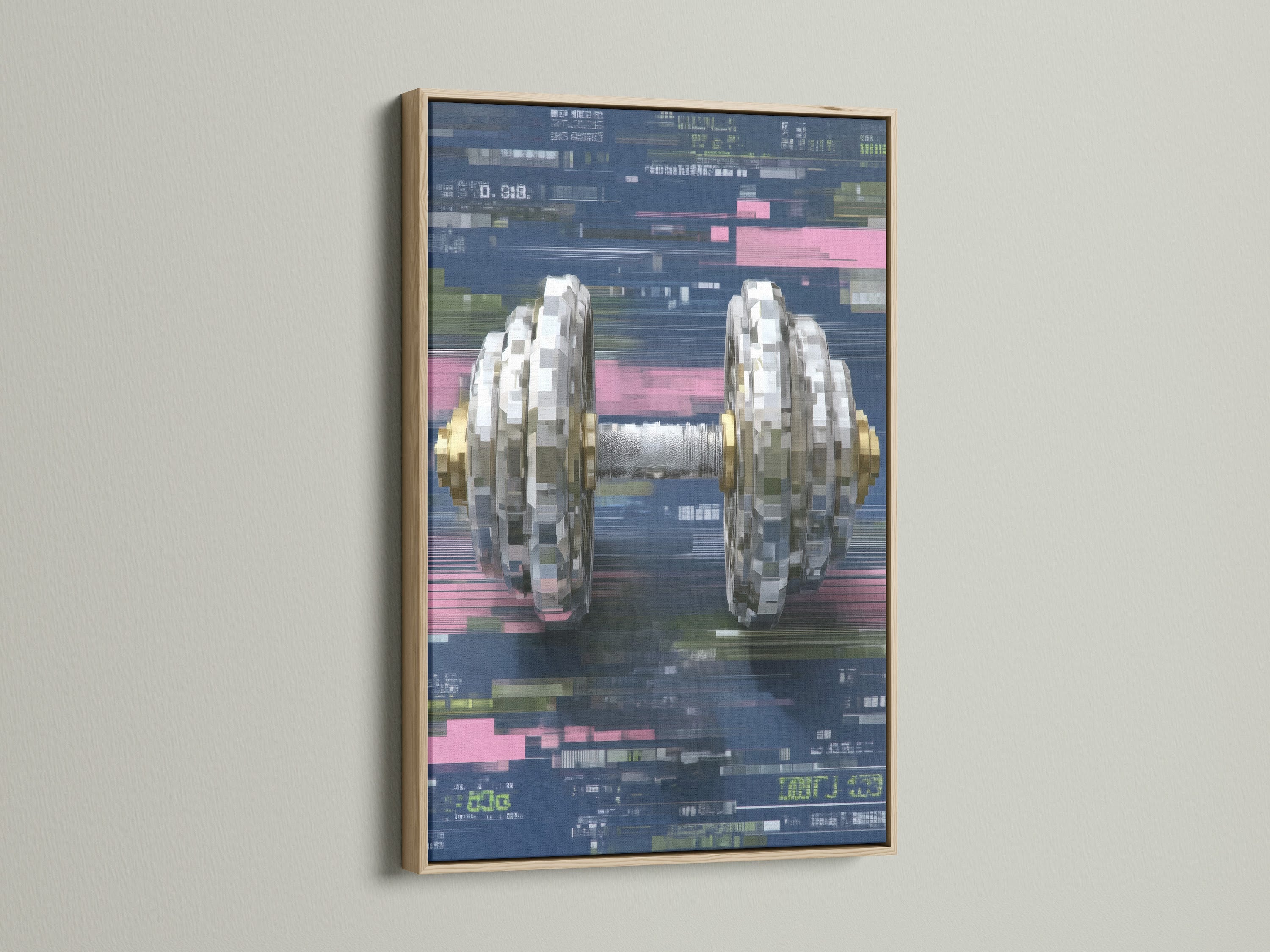 Digital Glitch Dumbbell Art in an oak frame. This cyberpunk wall art is a fitness canvas print. The oak frame complements the pixel art print. Add tech wall decor to your home gym.