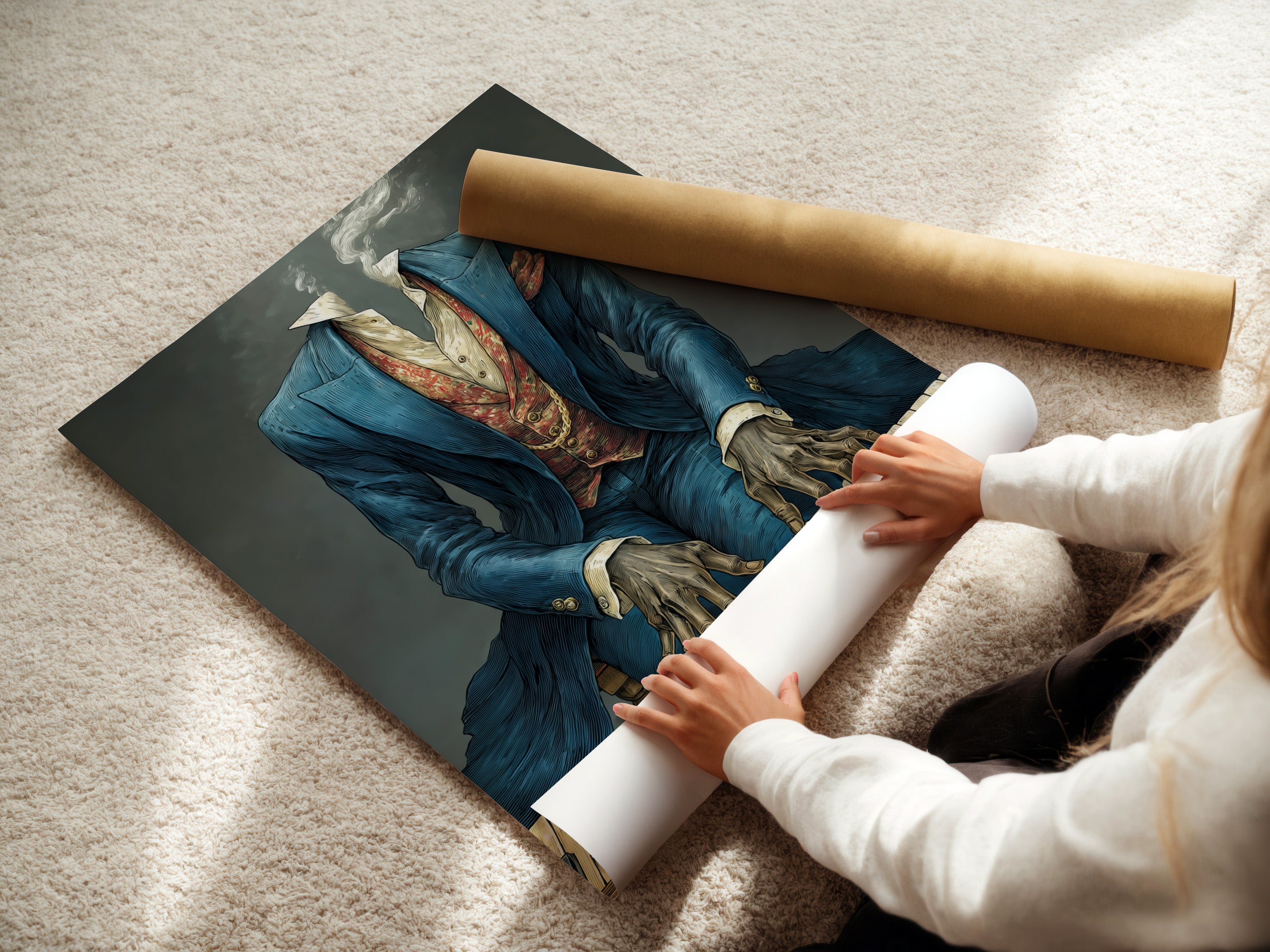 A woman rolling a fine art poster paper. This vintage piano player art is a unique piece. The surreal music wall art elevates any room. It makes a great gift for music lovers.